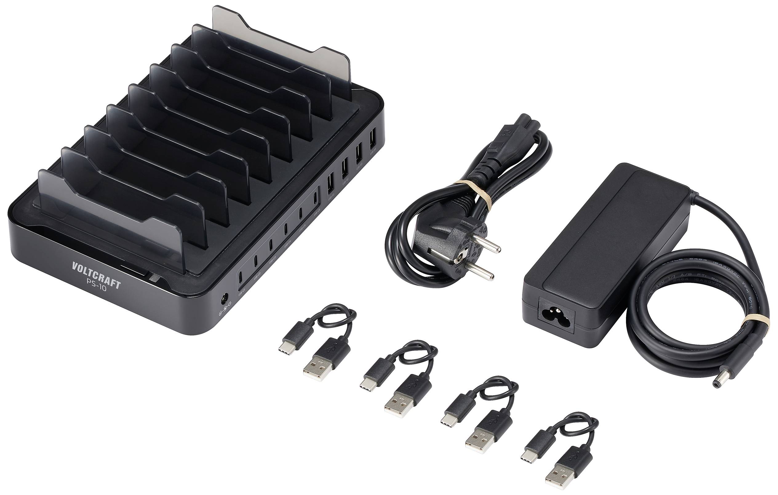 Ladestation mit acht USB-Anschlüssen und Trennwänden, Netzadapter, Stromkabel und vier kurzen USB-Kabeln. Geeignet für mehrere Geräte.