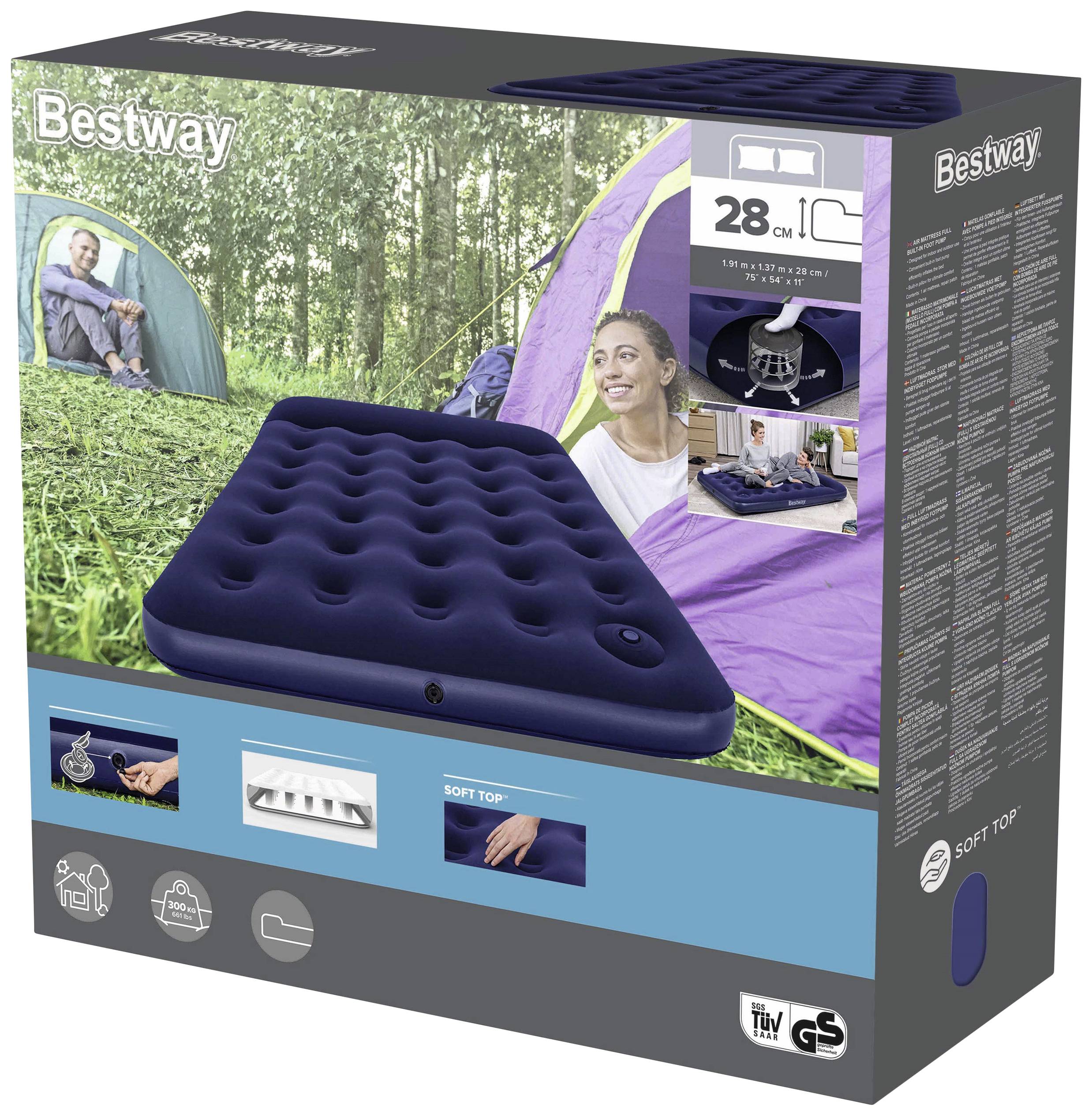 Verpackung einer Bestway Luftmatratze mit Bild einer Matratze im Zelt, Produktdetails und Abmessungen: 188x99x22 cm.