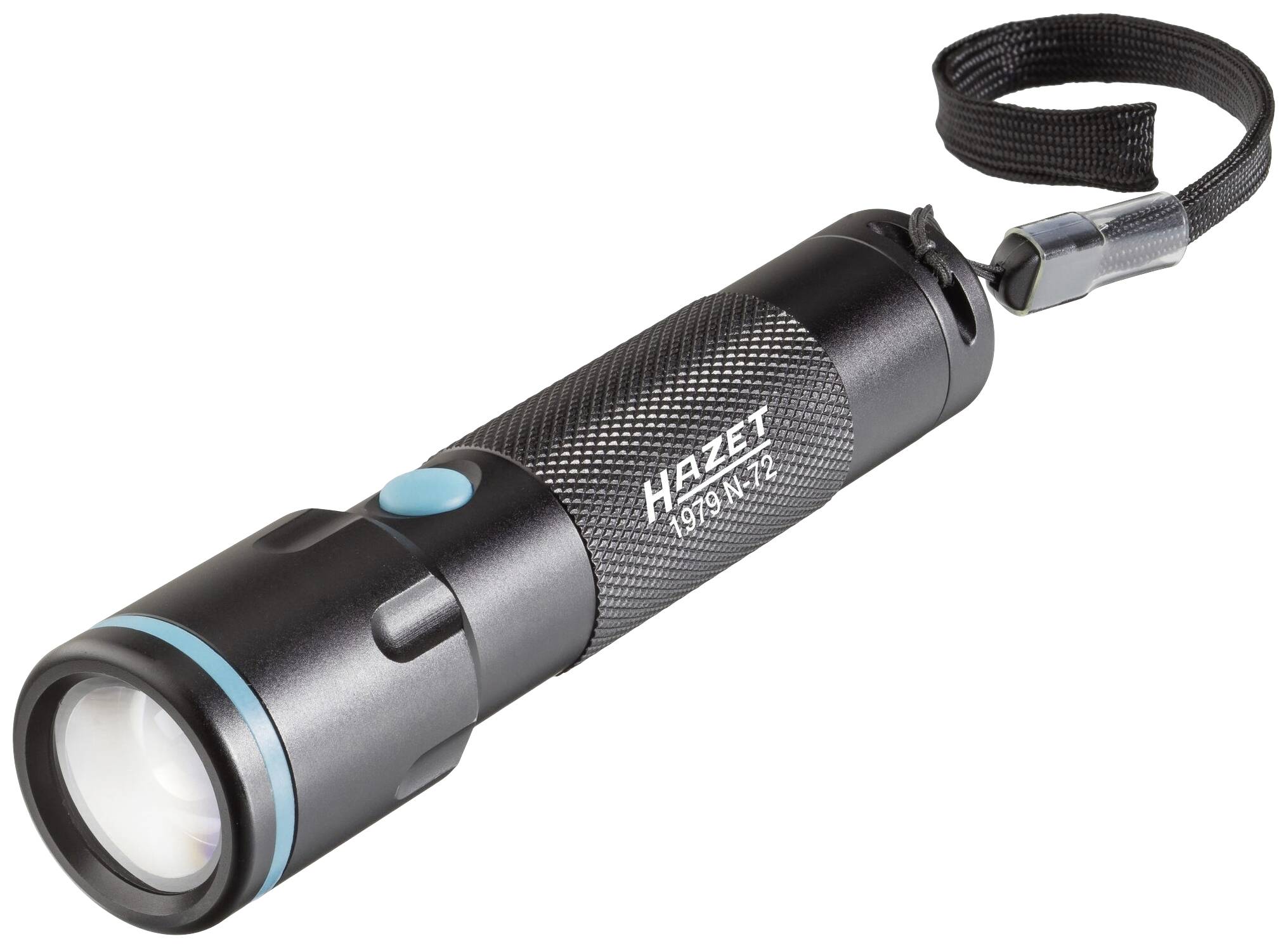 Schwarze Taschenlampe von Hazet mit blauer Taste und Handschlaufe, geeignet für den Einsatz in dunklen Umgebungen.
