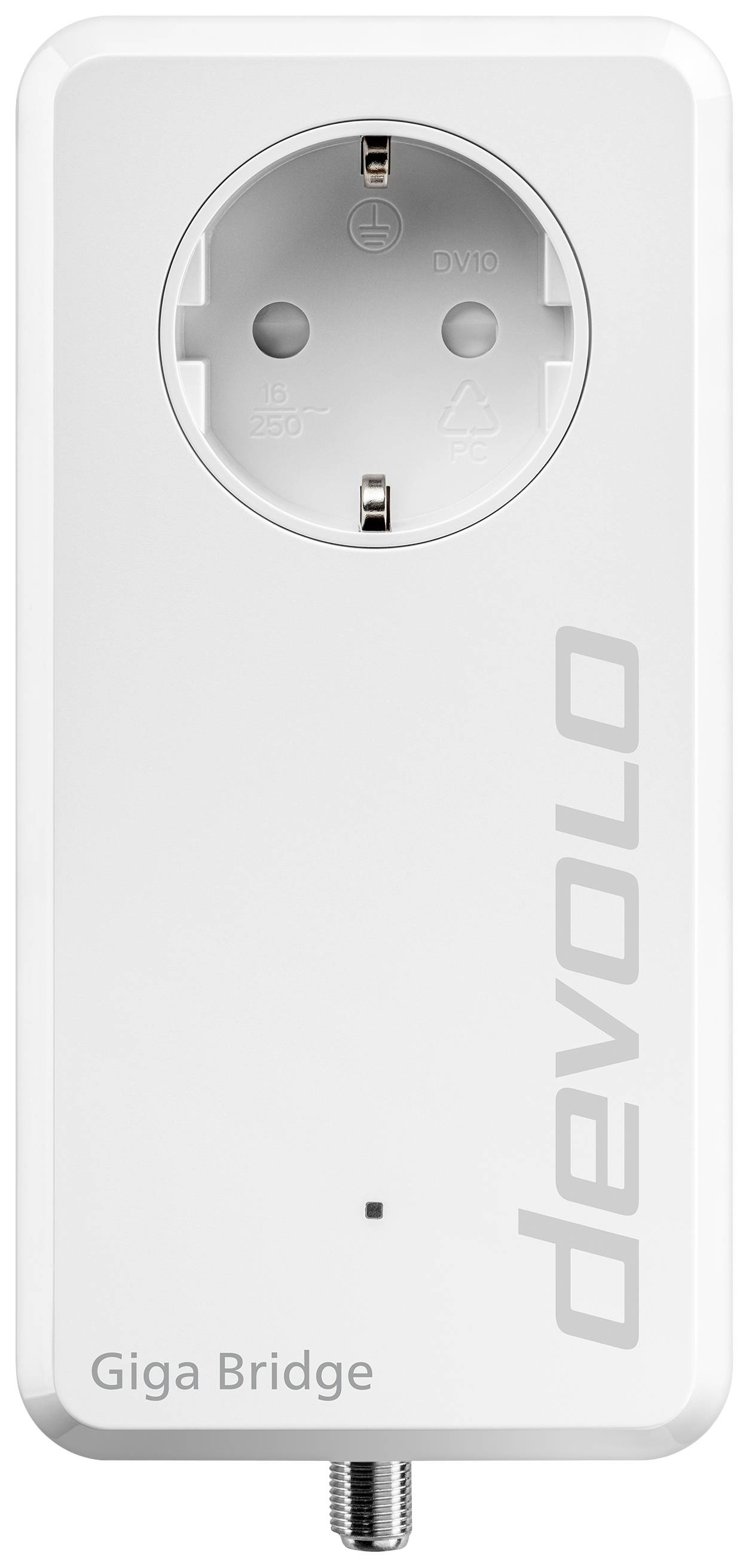 Weißer Netzwerkadapter mit Steckdose und dem Schriftzug 'devolo Giga Bridge'.