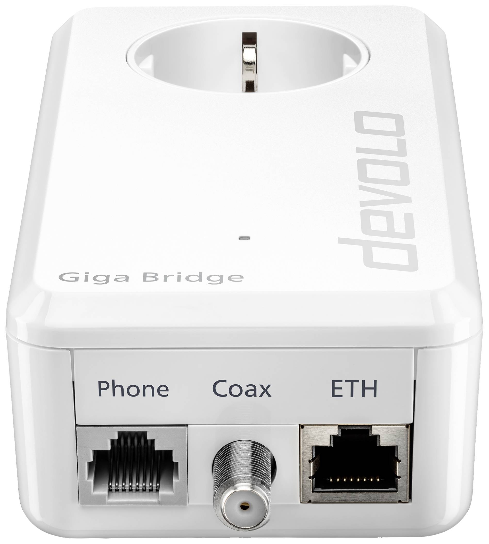 Weißes Gerät mit Steckplatz 'Giga Bridge', Anschlüssen für 'Phone', 'Coax', und 'ETH'; verwendet zur Verbindung und Netzwerkerweiterung.