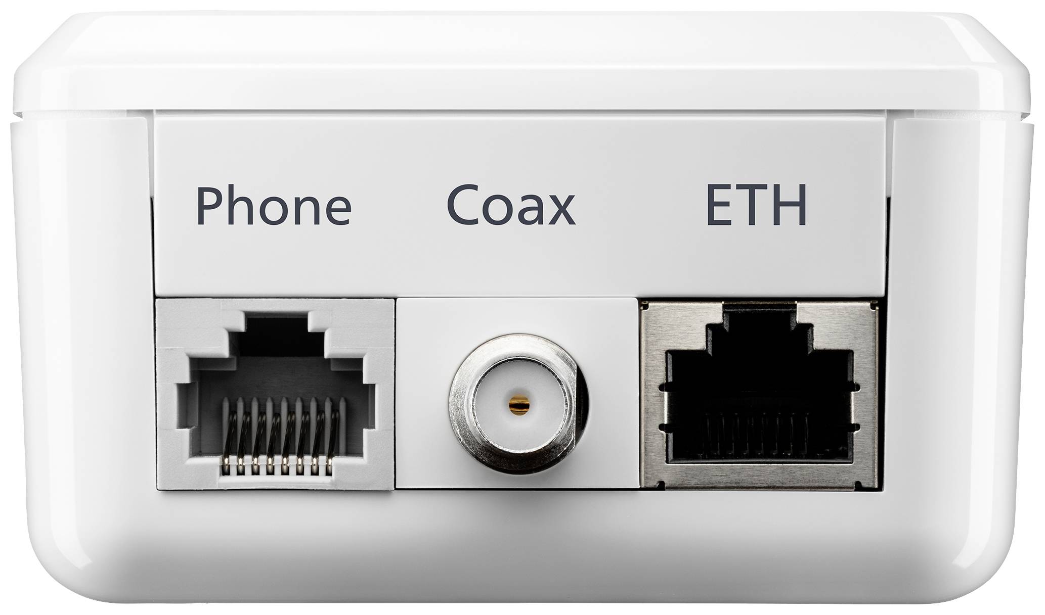 Eine weiße Anschlussdose mit drei Anschlüssen: links 'Phone', Mitte 'Coax', rechts 'ETH'.