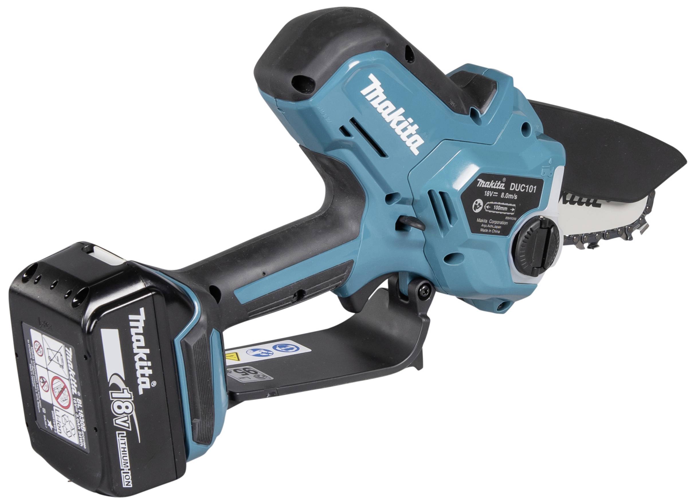 Akku-Kettensäge, Marke Makita, Modell DUC101, blau-schwarz, mit 18V-Akku. Perfekt für mobile Einsätze im Garten.