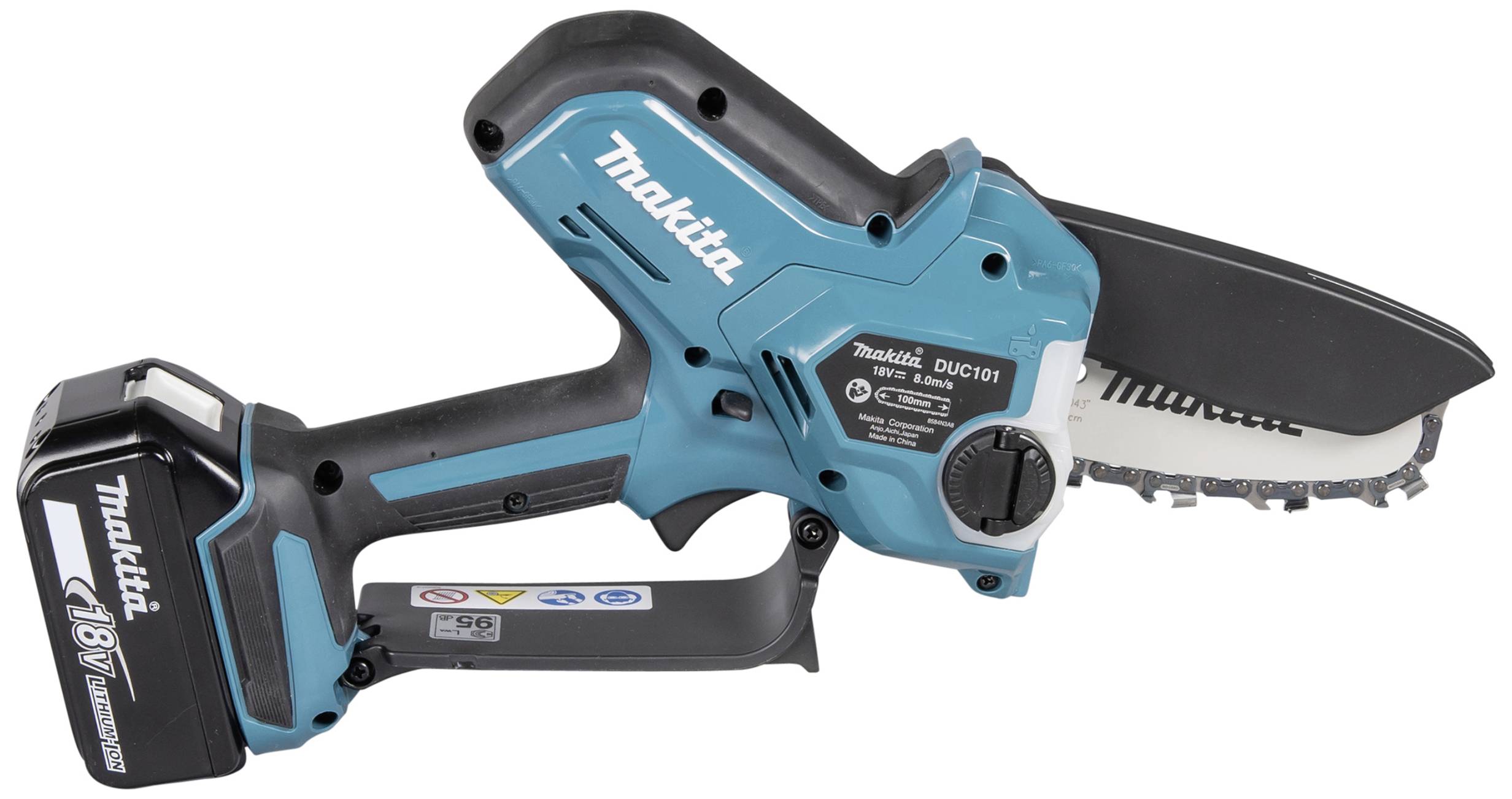 Ein kabelloses, blau-schwarzes Makita-Kettensägen-Modell, kompakt mit 18V Akku. Geeignet für leichte Holzschneidearbeiten.