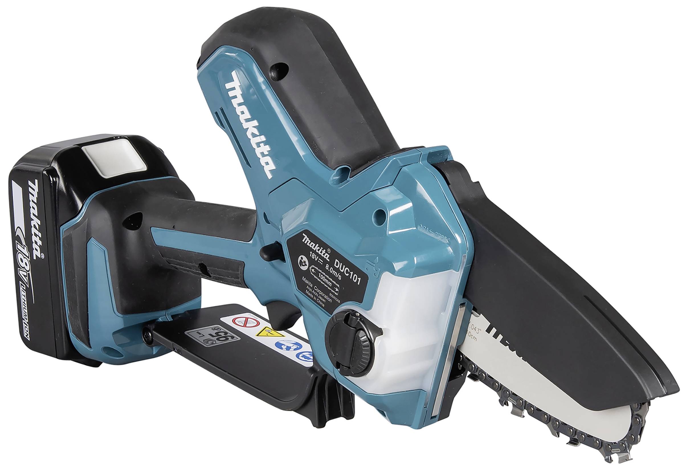 Eine blaue akkubetriebene Mini-Kettensäge mit Makita-Logo, geeignet für leichte Schnitte und Gartenarbeiten.