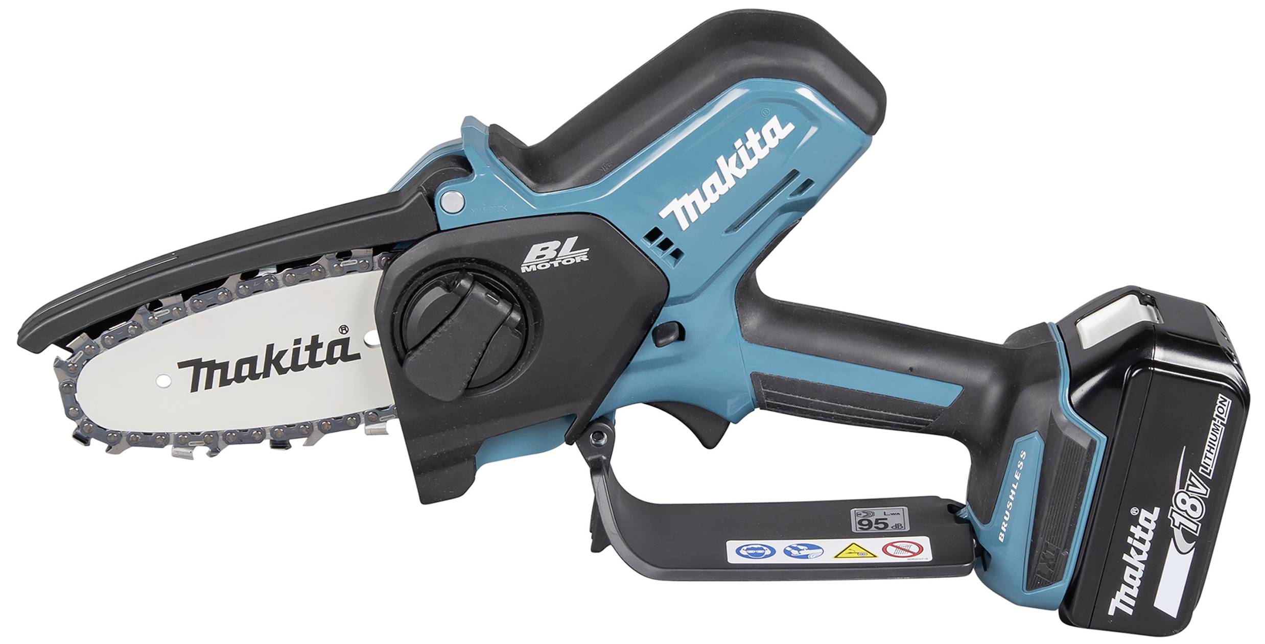 Akkubetriebene Handkettensäge in Blau und Schwarz von Makita, mit einem kompakten Design zum Schneiden kleiner Äste.