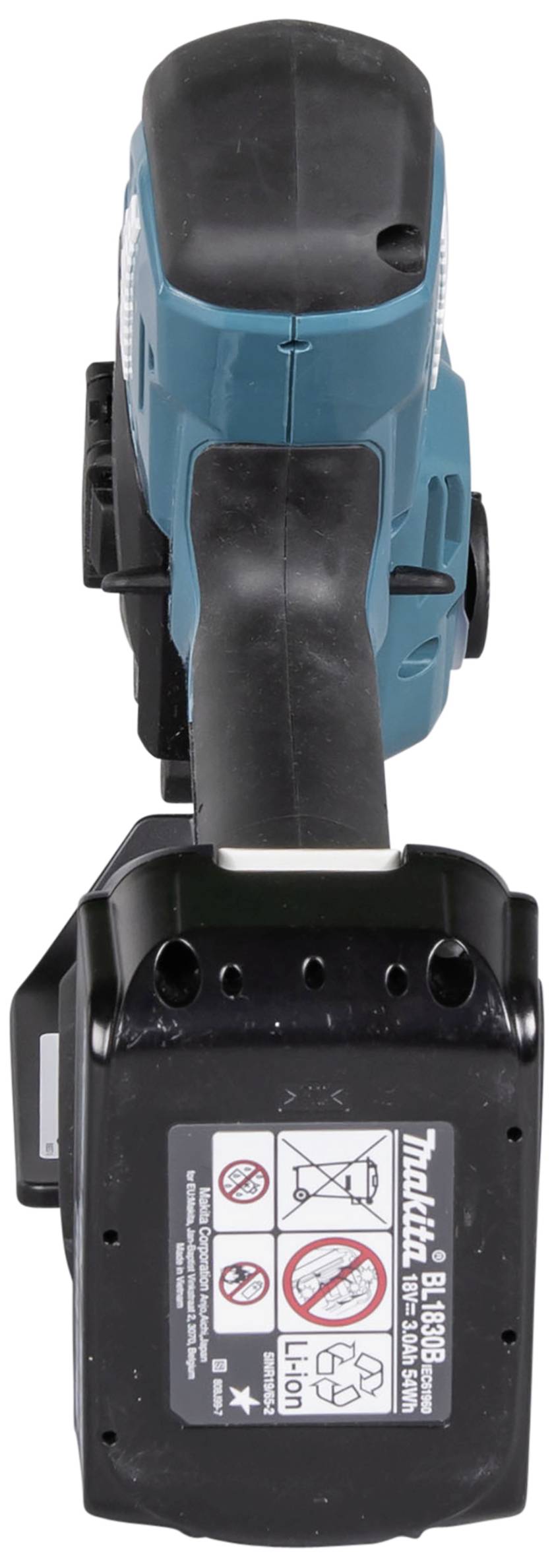 Akku-Bohraufsatz von oben, mit schwarzem Griff und blauer Oberfläche, Sicherheitswarnhinweise und Batteriezelleninformationen.