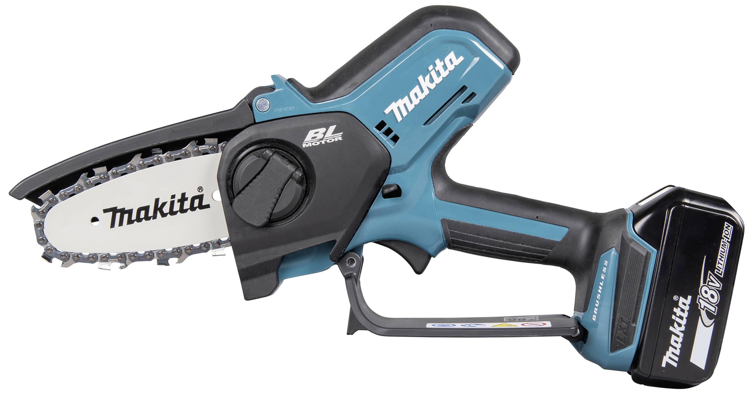 Akkubetriebene, kompakte Kettensäge von Makita, blau und schwarz, mit einem ergonomischen Griff. Geeignet für leichte Schnittarbeiten.