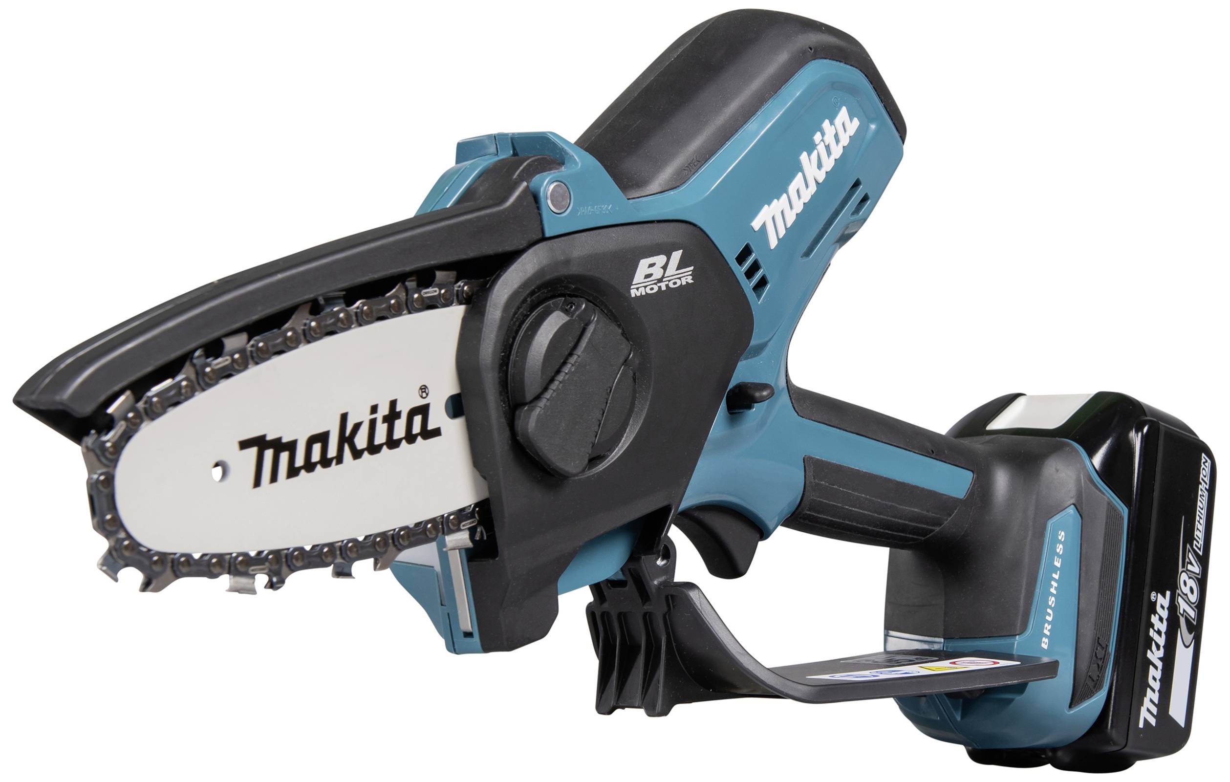 Akkubetriebene Makita-Kettensäge mit kompaktem Design und blau-schwarzem Gehäuse, ideal für Schnitte an schwer zugänglichen Stellen.