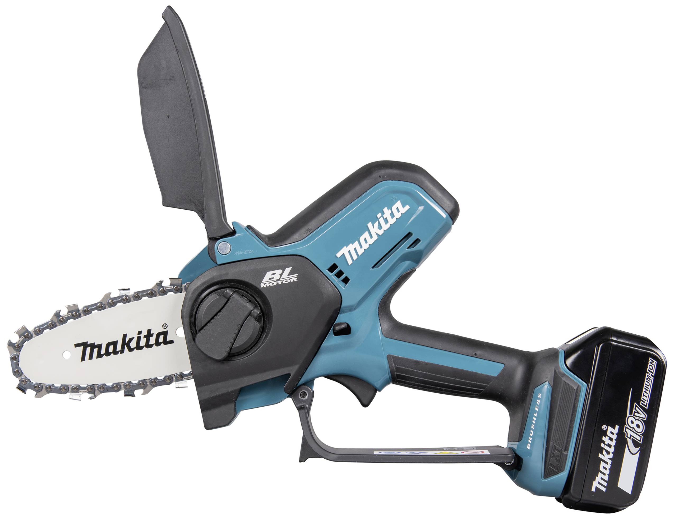 Eine kabellose Makita Kettensäge mit blauer und schwarzer Farbgebung. Sie ist kompakt und für den Einsatz im Garten geeignet.