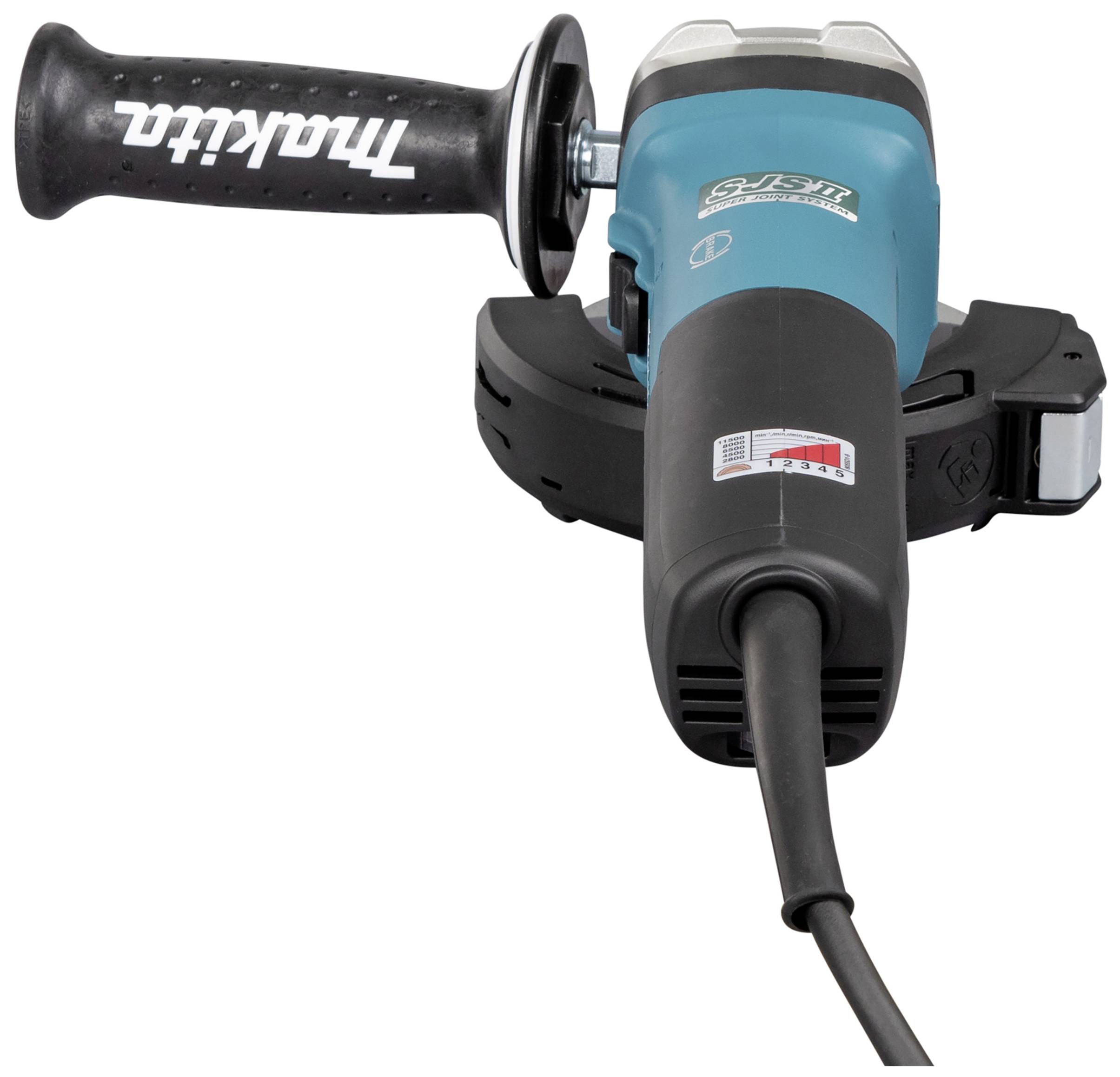 Ein blauer Winkelschleifer mit schwarzem Griff und Kabel, von der Marke Makita.