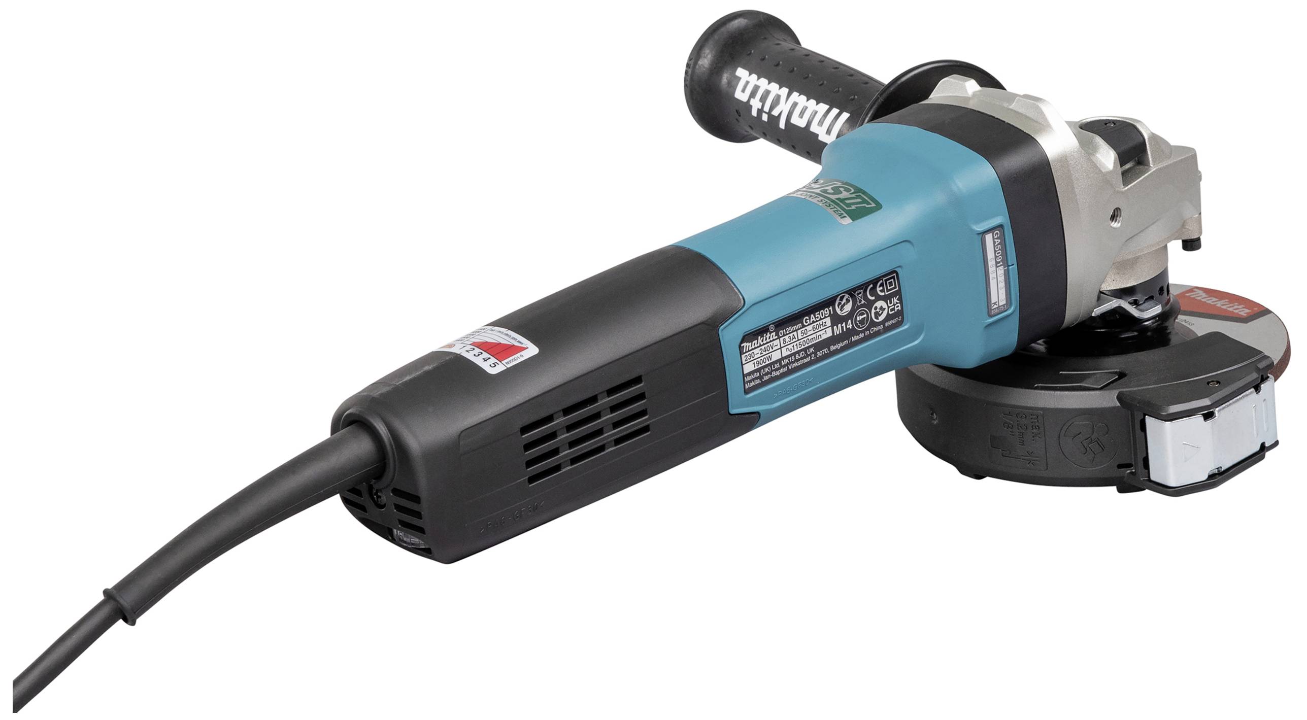 Ein blauer Winkelschleifer mit schwarzem Griff und Netzkabel liegt auf einem weißen Hintergrund.