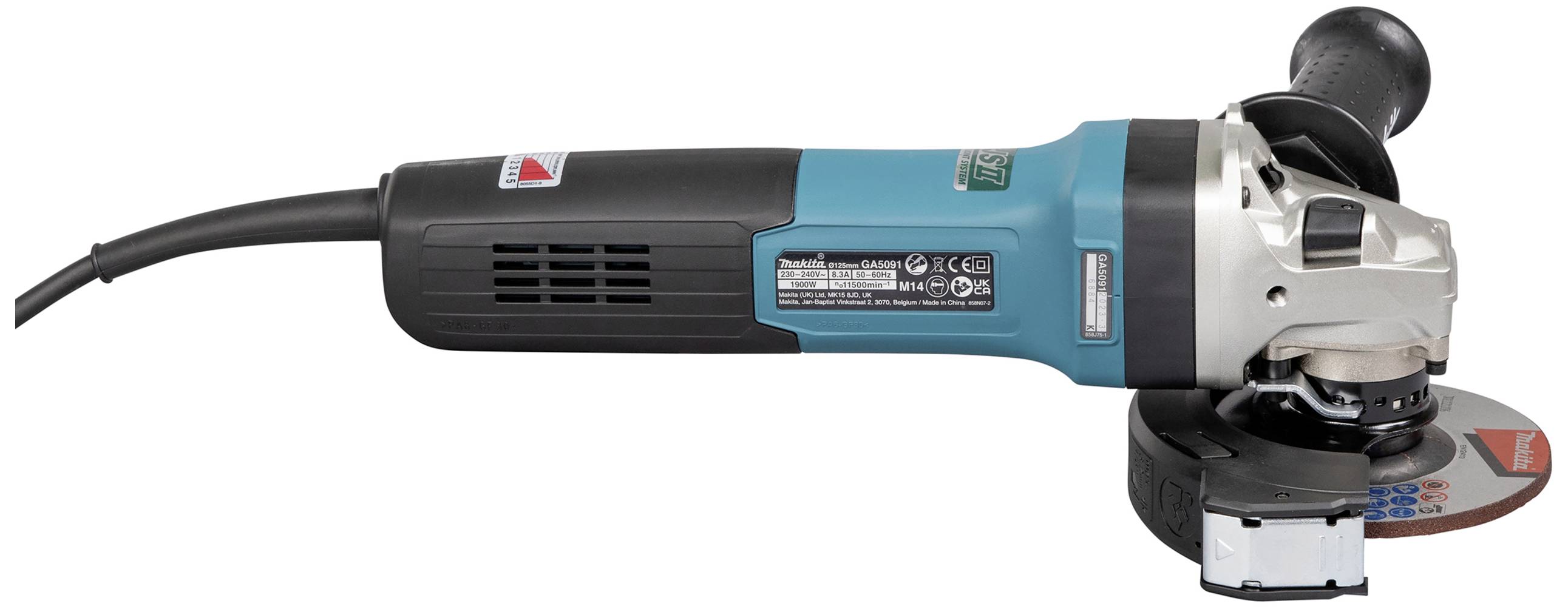 Eine blaue Winkelschleifmaschine mit einem schwarzen Griff und einem silbernen Gehäuse ist seitlich dargestellt.