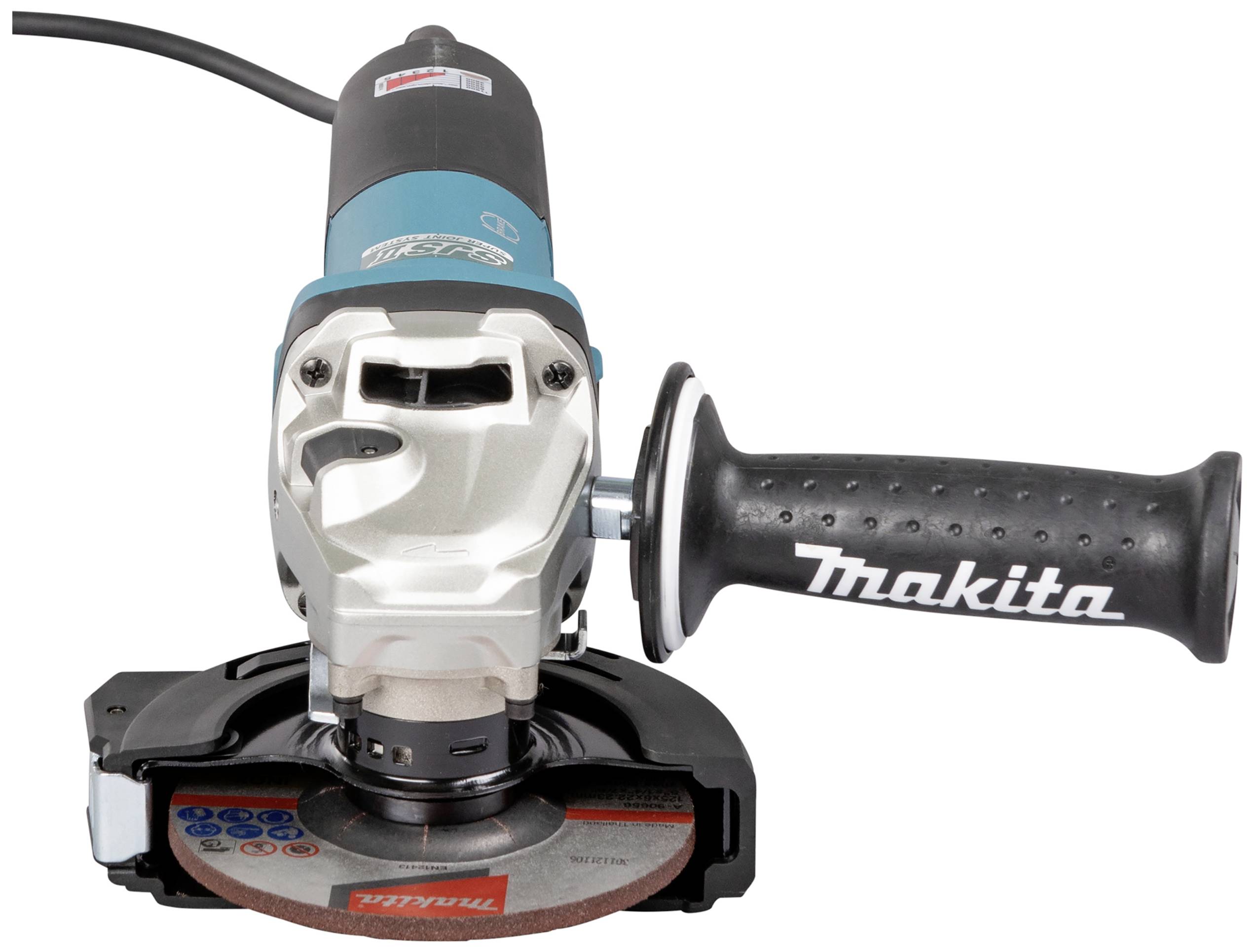 Winkelschleifer von Makita mit Haltegriff und sichtbarer Schleifscheibe, geeignet für verschiedene Schleif- und Trennarbeiten.