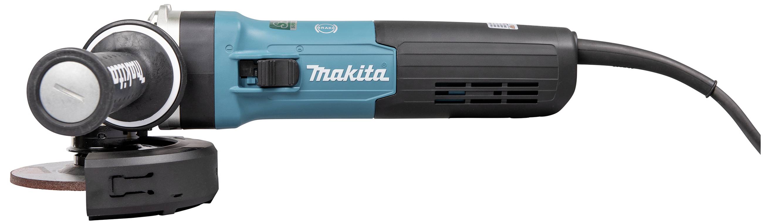 Ein elektrischer Winkelschleifer der Marke Makita mit einem schwarzen und blauen Gehäuse, geeignet zum Schneiden und Schleifen.