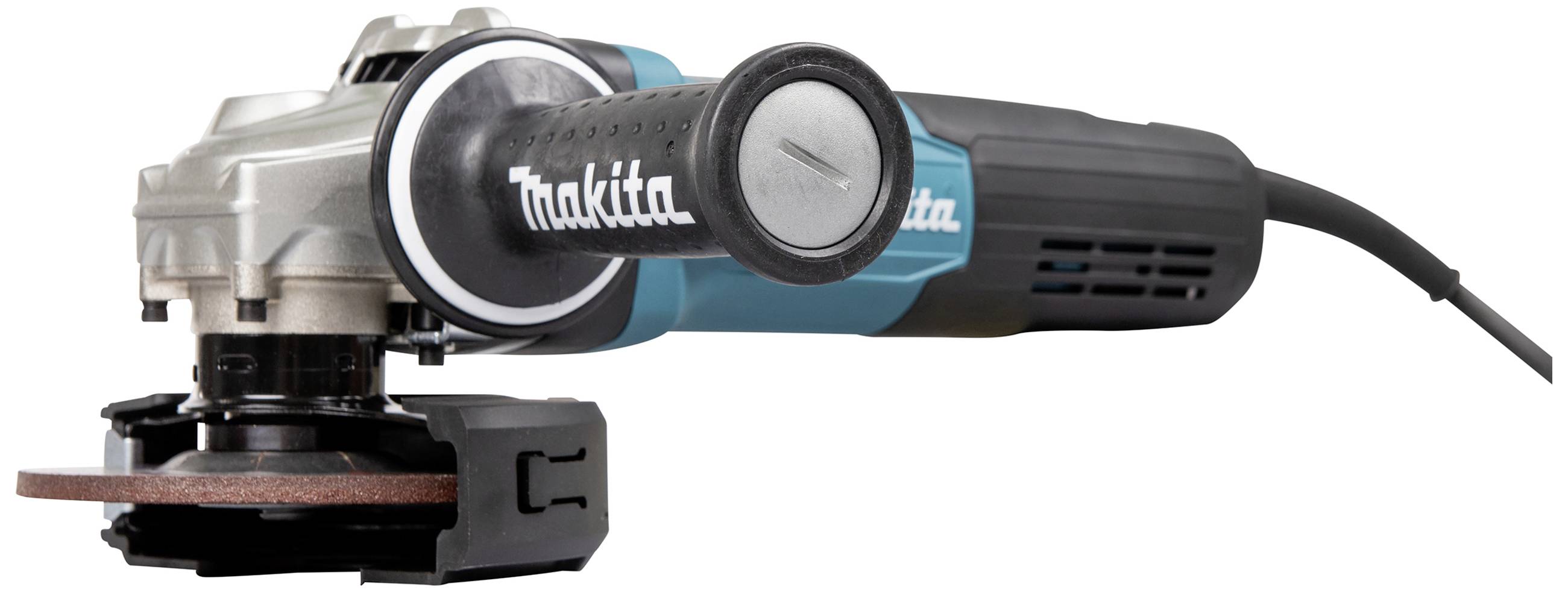 Ein Winkelschleifer von Makita mit blau-schwarzem Design, geeignet für Aufgaben wie Schleifen oder Schneiden.