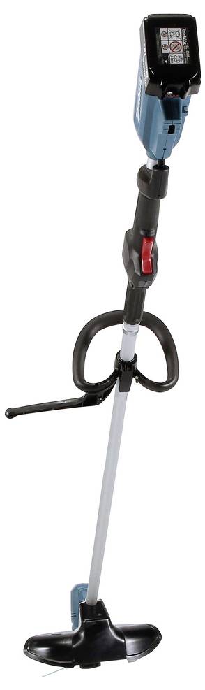 Schnurloses Unkrautvertrimmer in Blau und Schwarz mit gekrümmtem Griff und Schutzvorrichtung, entwickelt für den Außeneinsatz.