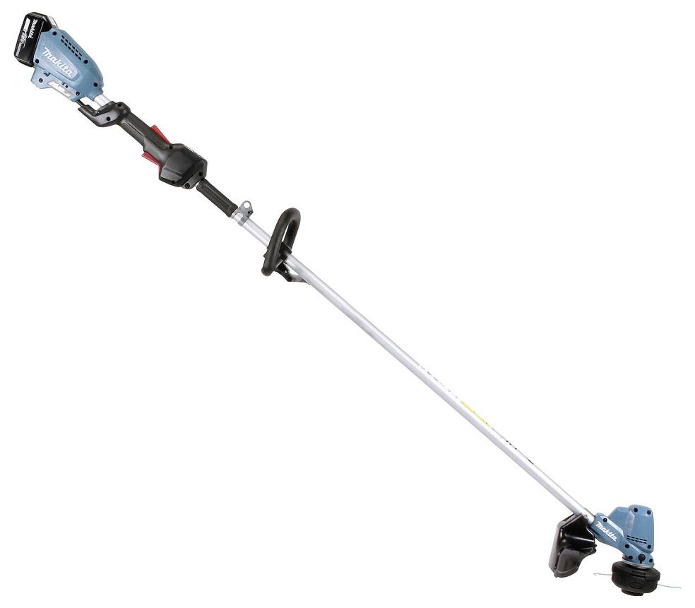 Ein batteriebetriebener Fadentrimmer mit blauem und schwarzem Design, ausgestattet mit einem verstellbaren Griff und einem kompakten Motor oben.