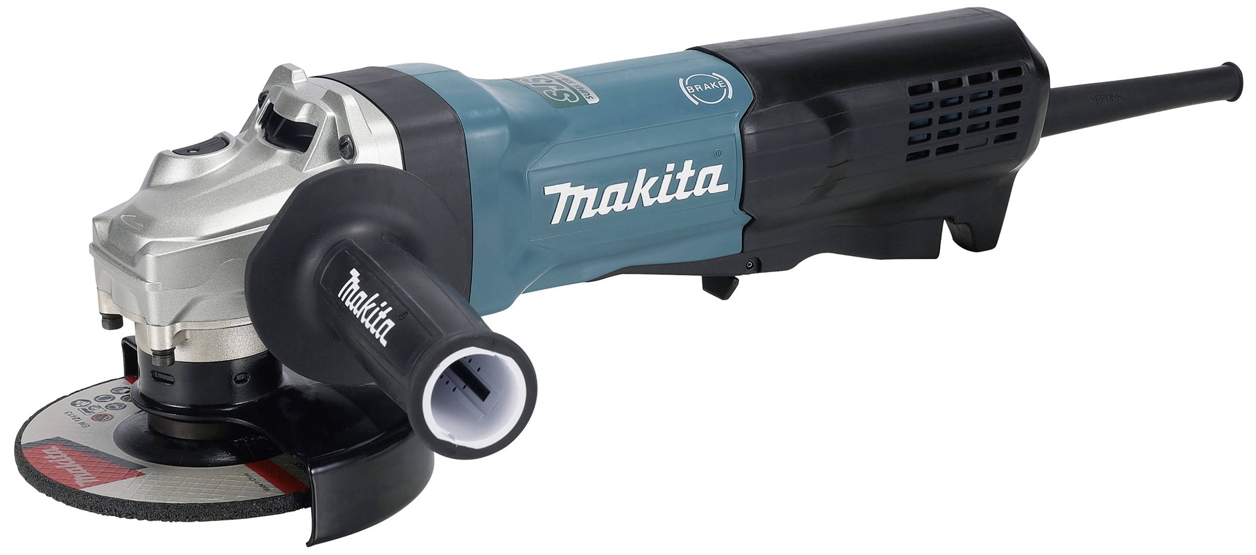 Eine blaue und schwarze Winkelschleifmaschine mit der Aufschrift 'Makita' auf der Seite.