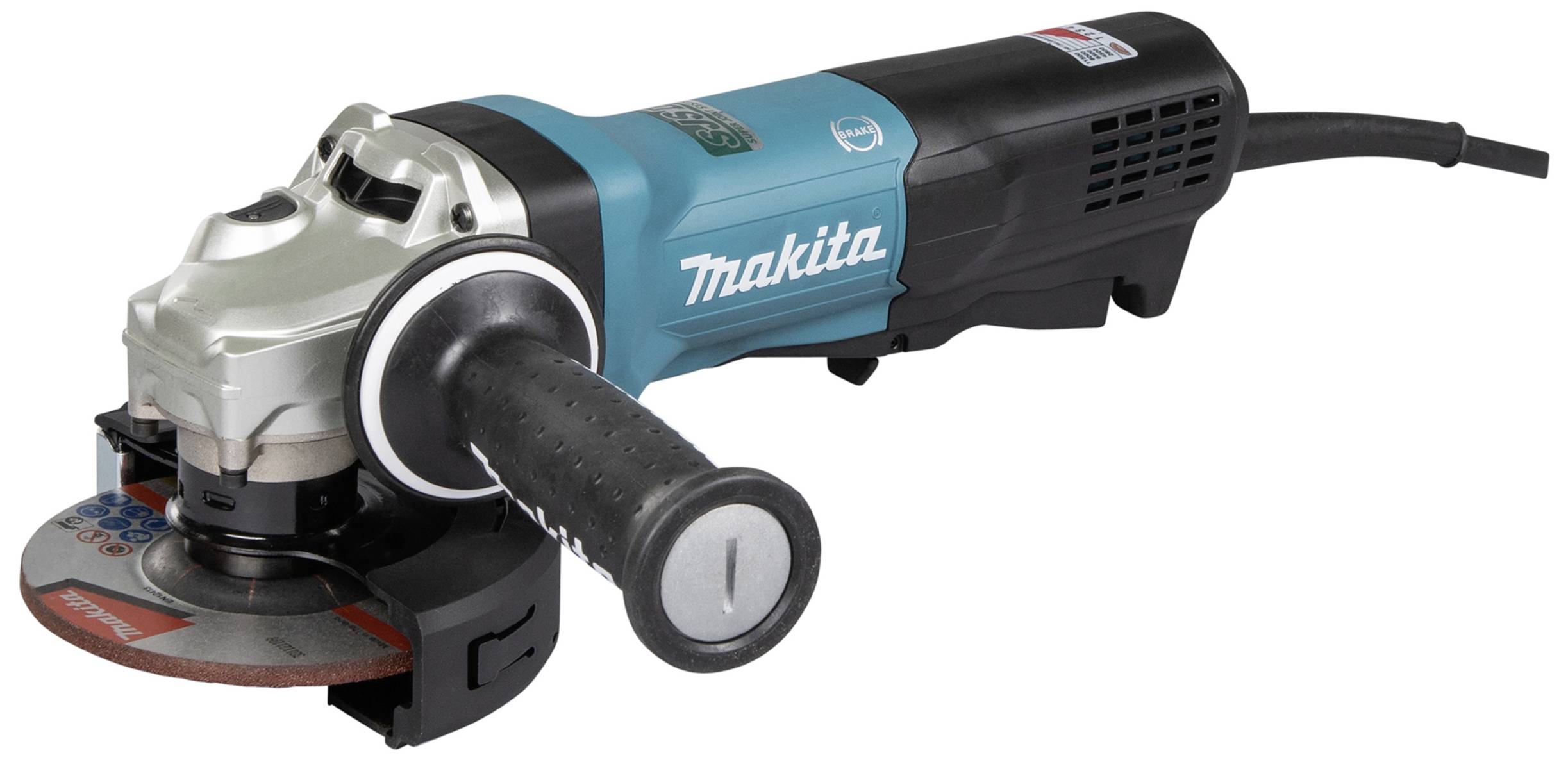 Eine blaue und schwarze Winkelschleifmaschine. Sie hat einen runden Schleifteller und einen seitlichen Griff zur Stabilisierung.