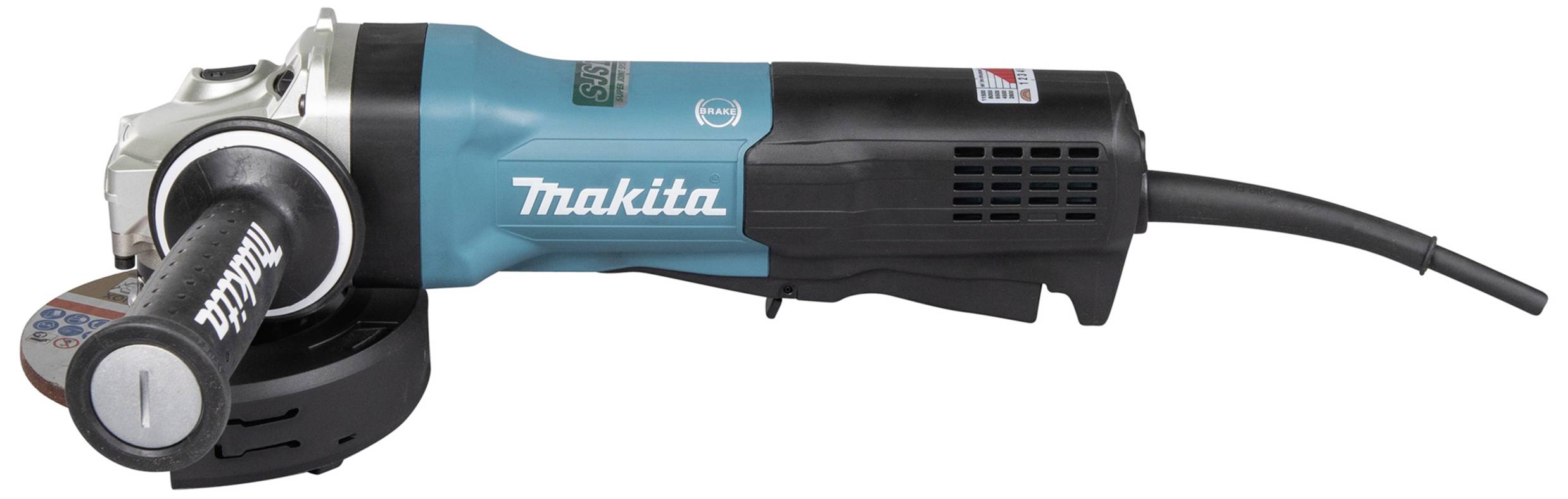 Ein Winkelschleifer mit blau-schwarzem Gehäuse und seitlichem Griff, geeignet für Schneid- und Schleifarbeiten auf Baustellen oder Werkstätten.