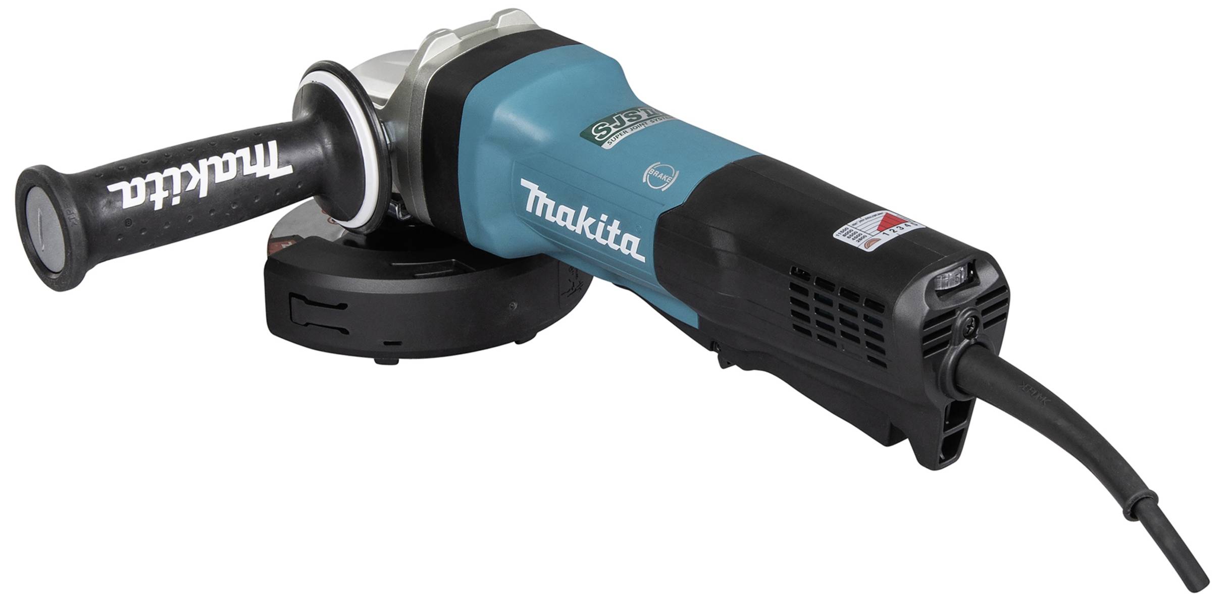 Winkelschleifer mit blauem Gehäuse und schwarzem Griff, Markenname auf Werkzeugkörper. Elektrisches Werkzeug zum Schleifen oder Schneiden.