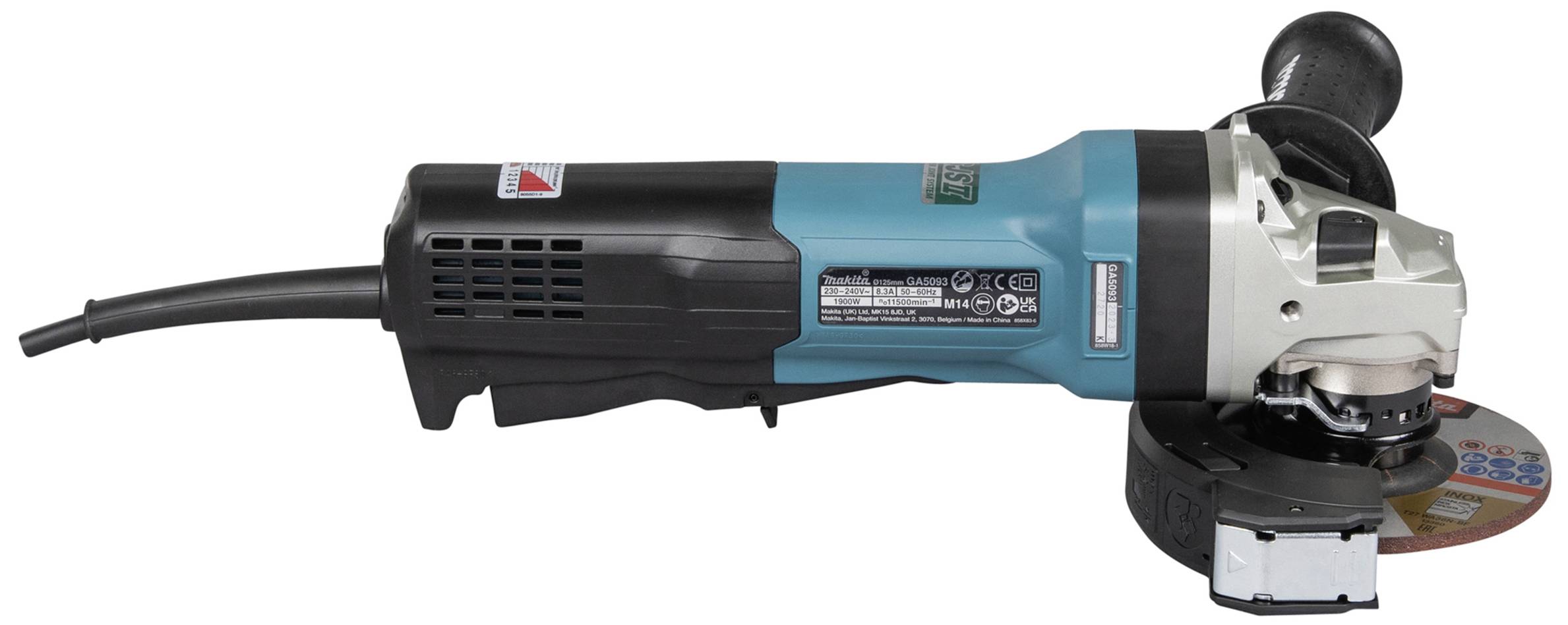 Eine blaue und schwarze Winkelschleifmaschine mit einem seitlichen Griff und einem Schleifscheibenaufsatz.