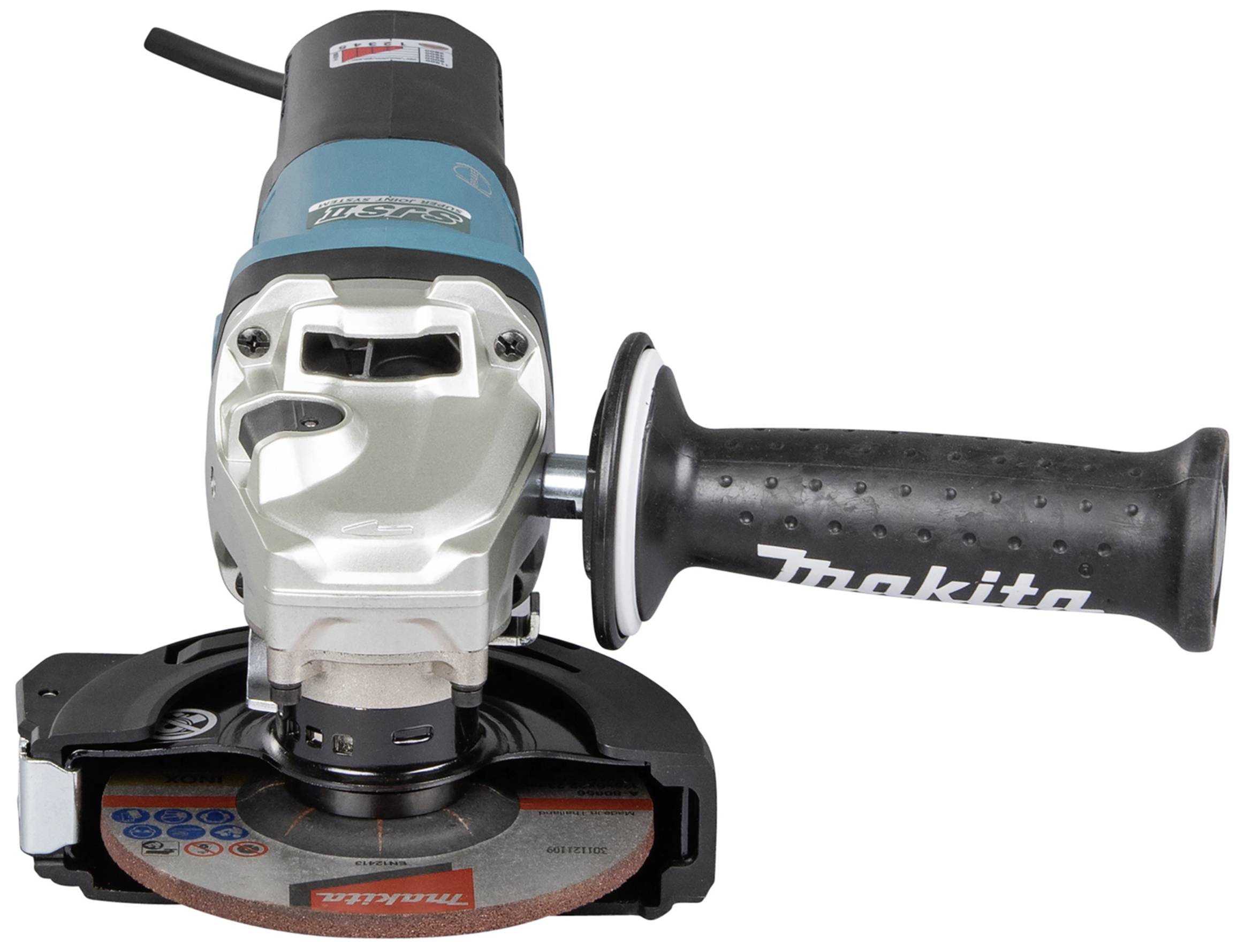 Ein Winkelschleifer von Makita mit blau-schwarzem Gehäuse und ergonomischem Griff, geeignet für das Schleifen und Schneiden von Materialien.