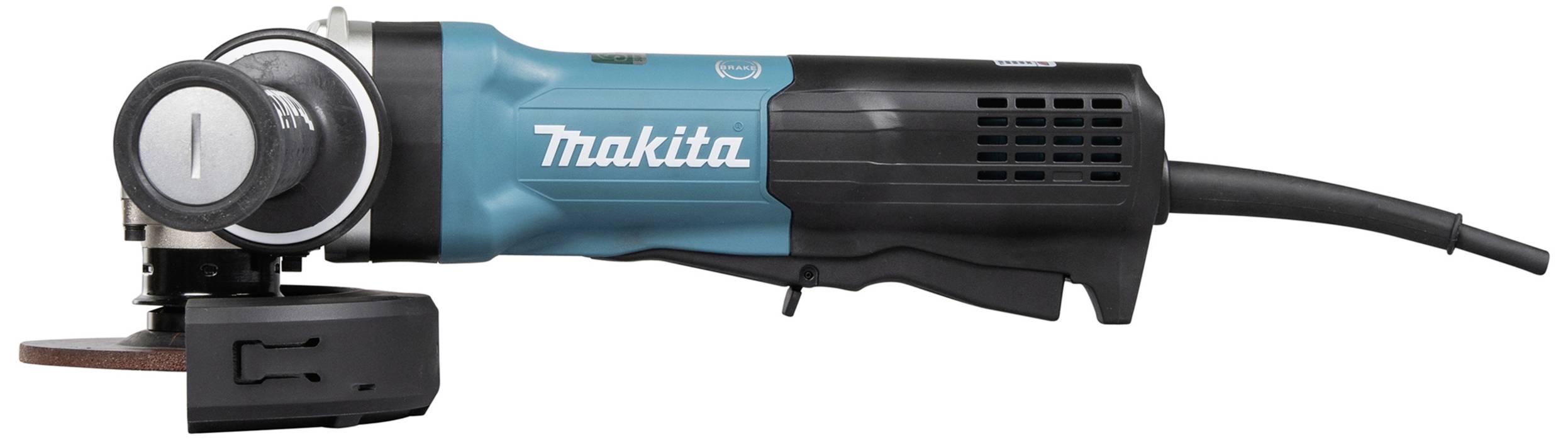 Winkelschleifer der Marke Makita, blau-schwarz, mit Kabel. Verwendet für Schleif- und Schneidarbeiten.
