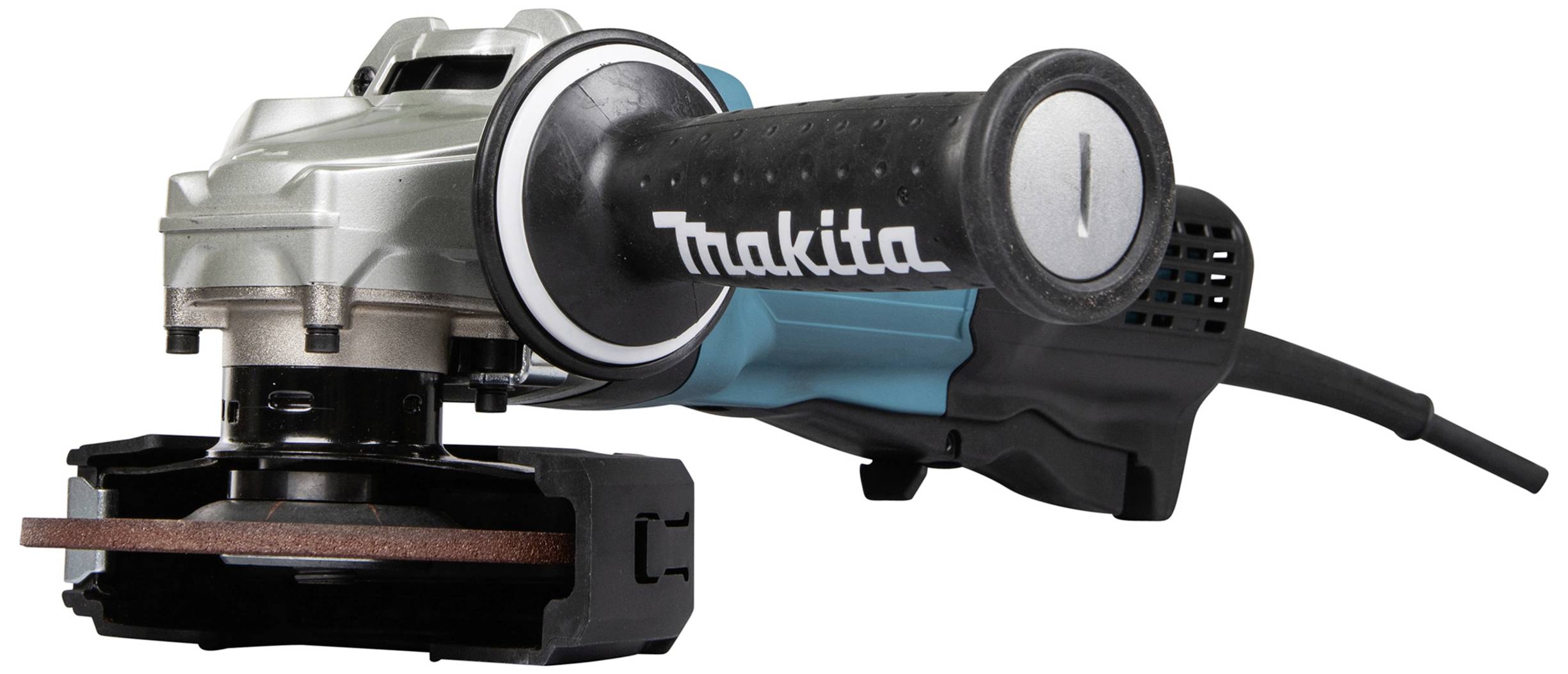 Elektrischer Winkelschleifer mit ergonomischem Griff und blau-schwarzem Gehäuse, geeignet für Schleif- und Schneidarbeiten.