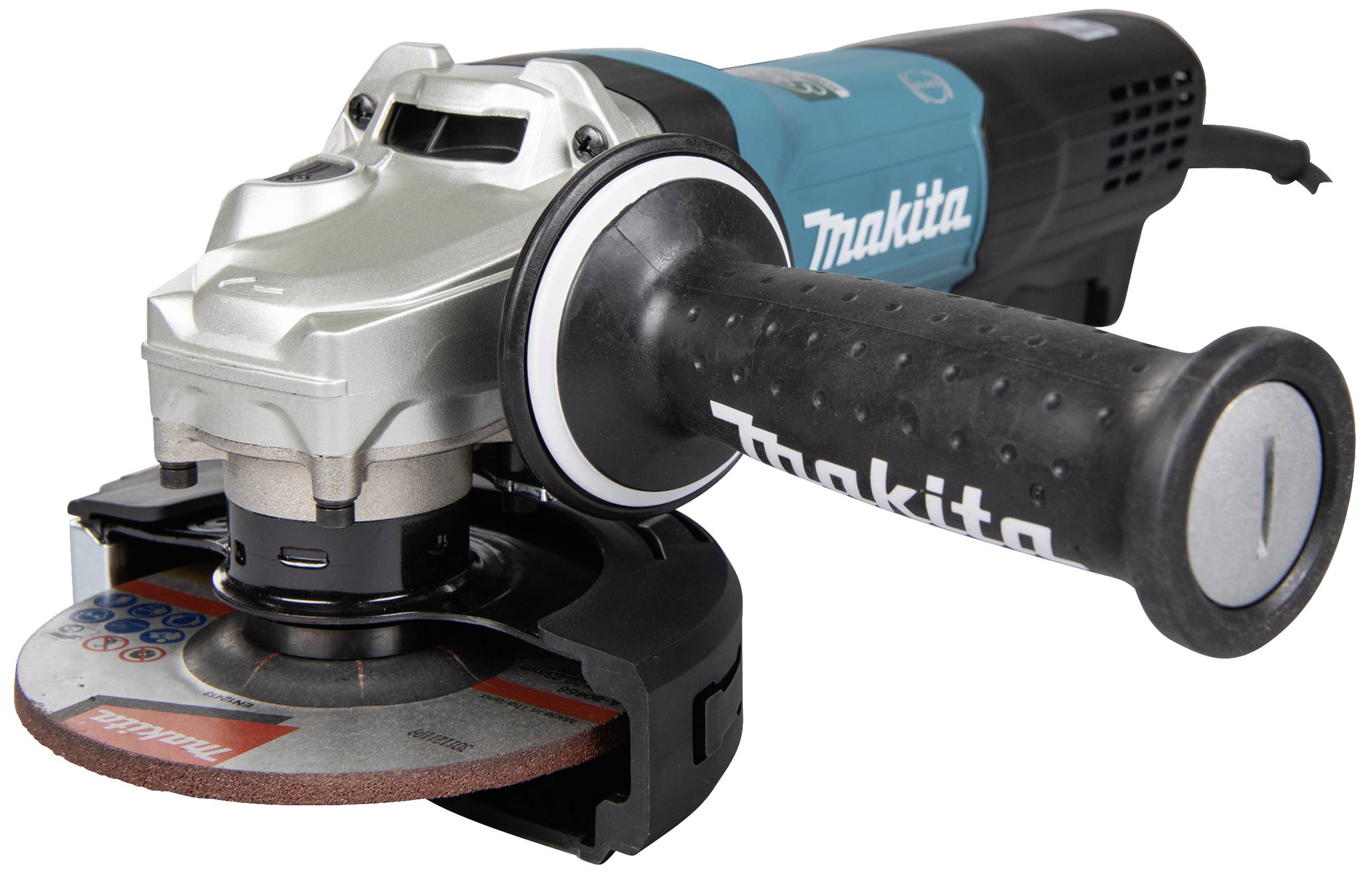 Makita Winkelschleifer mit schwarzem Griff und kreisförmiger Schleifscheibe. Werkzeug für Schneide- und Schleifarbeiten.