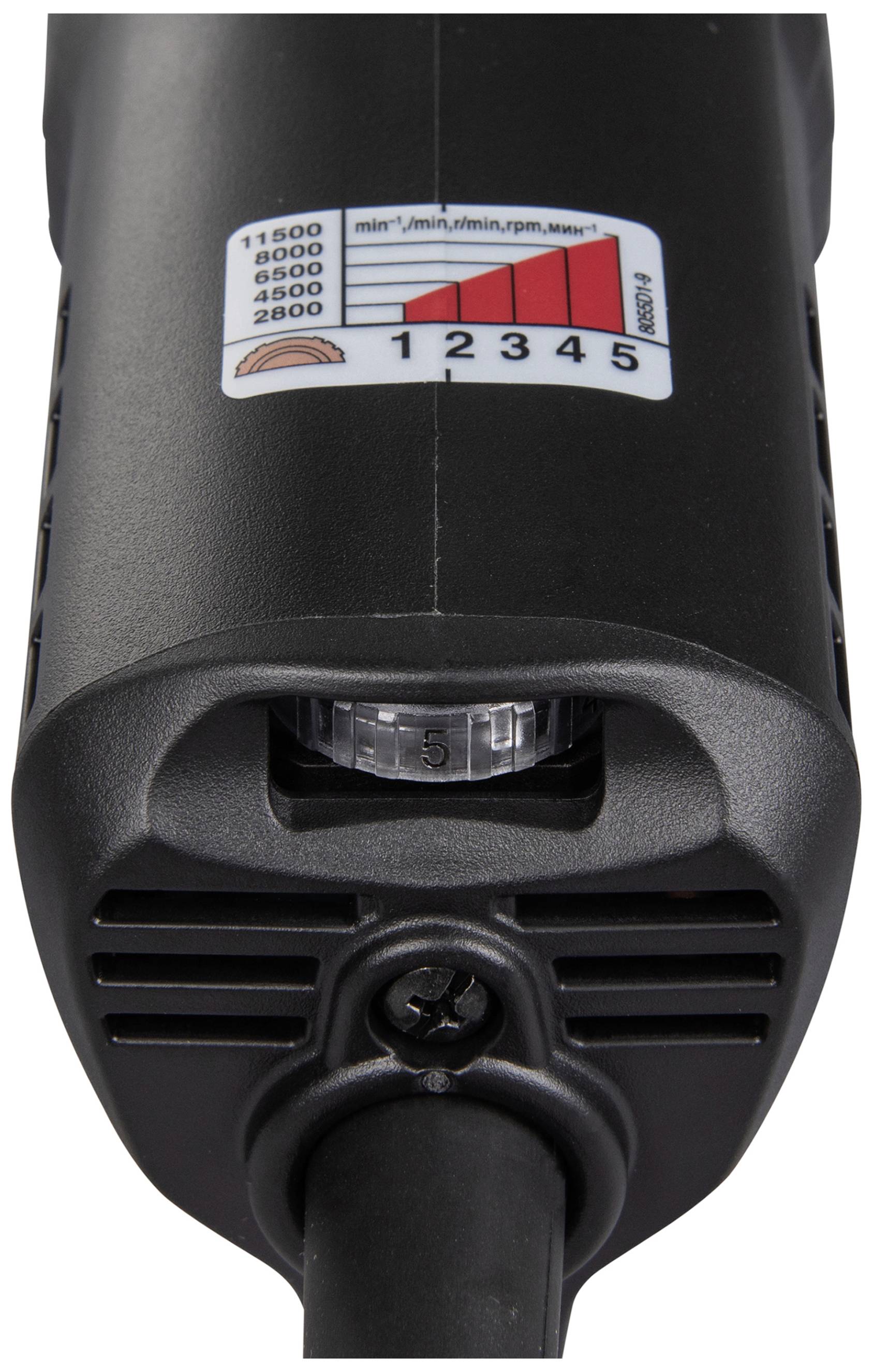 Nahaufnahme eines kabelgebundenen Elektrowerkzeugs mit Schalter und Geschwindigkeitsanzeige zwischen 2800 und 11500 U/min.