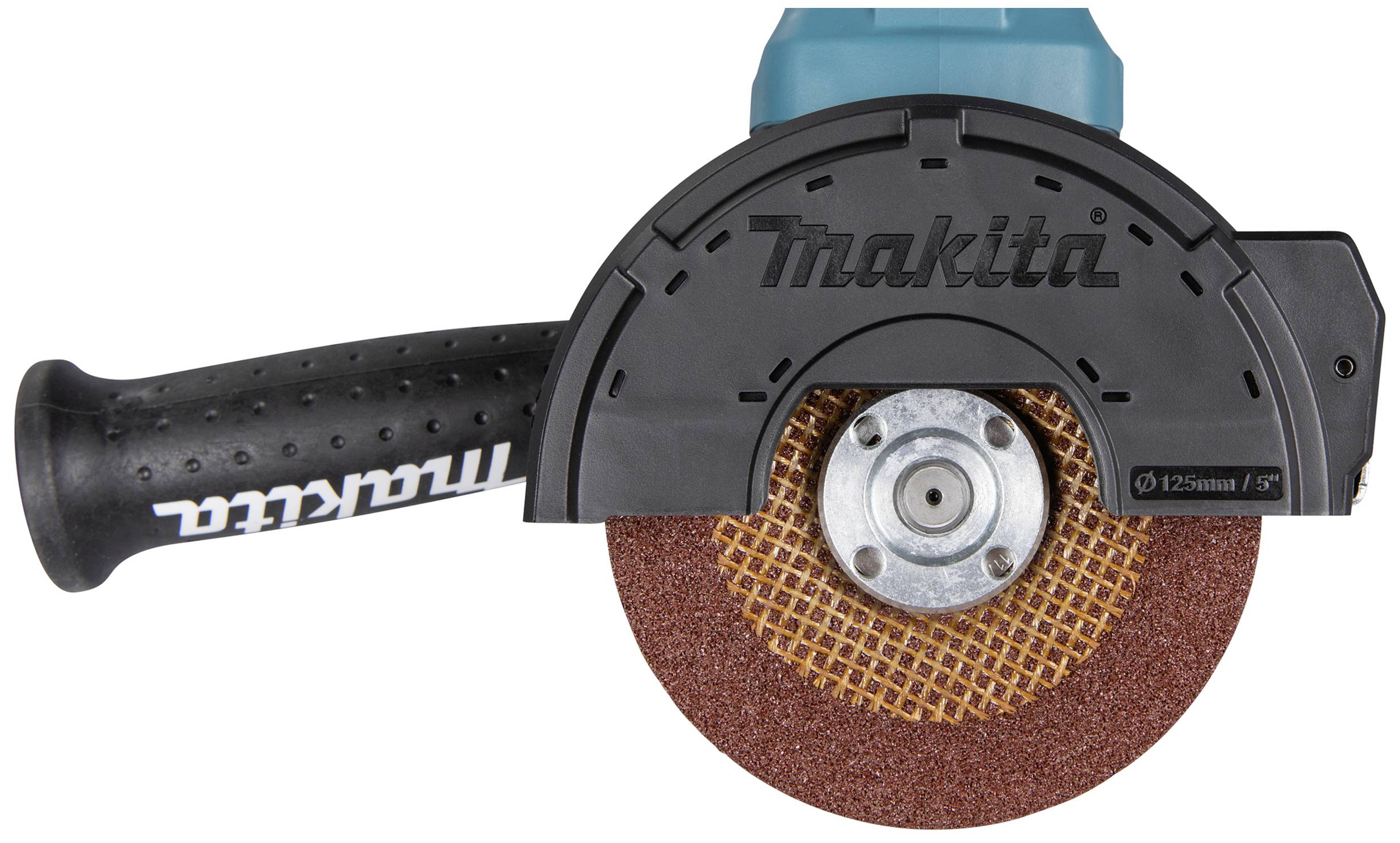 Eine Makita-Winkelschleifmaschine mit roter Schleifscheibe und seitlichem, schwarzem Griff.