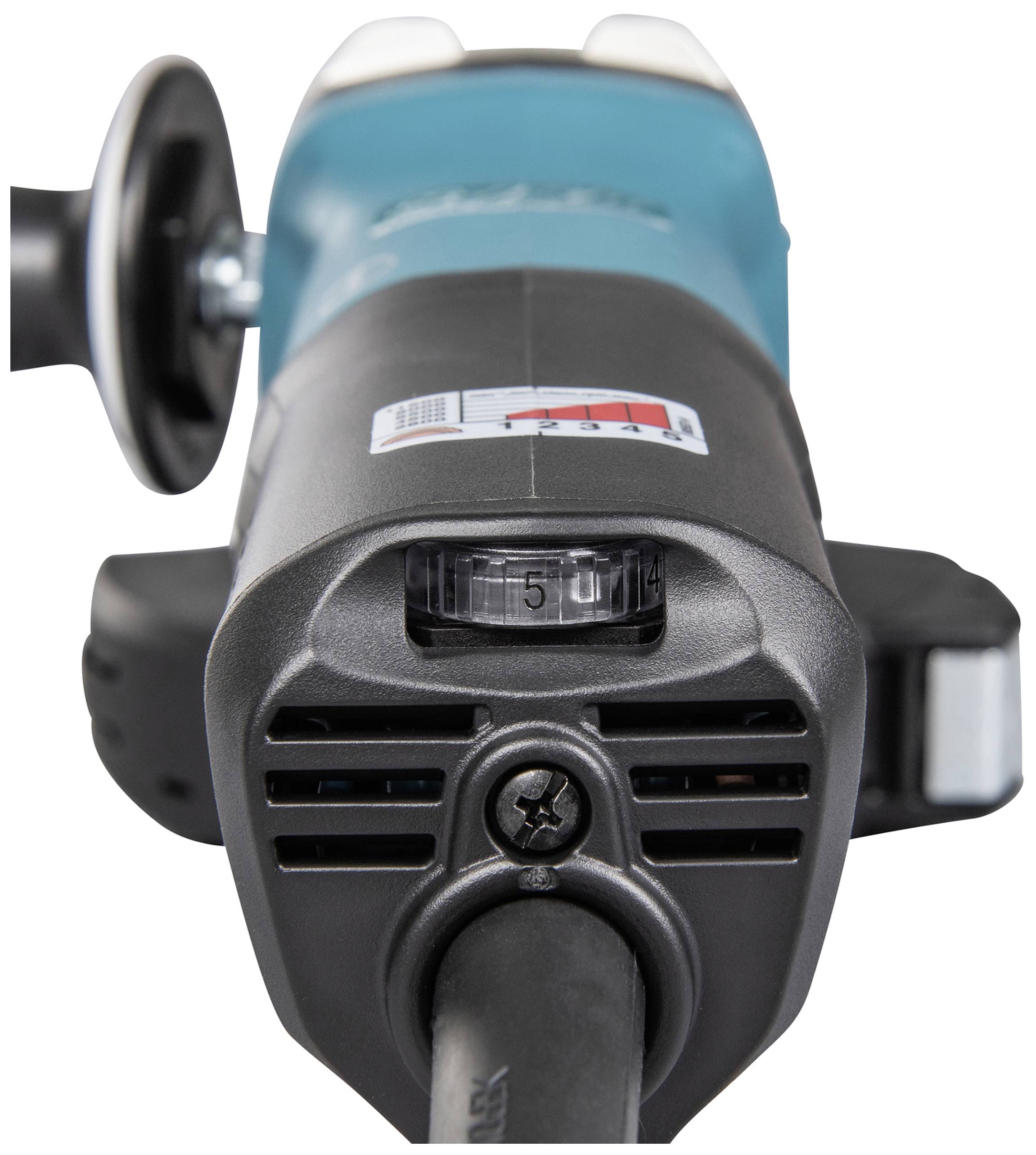 Ein Winkelschleifer in Nahaufnahme mit blauer und schwarzer Hülle. Ein Einstellrad mit der Zahl '5' ist sichtbar.