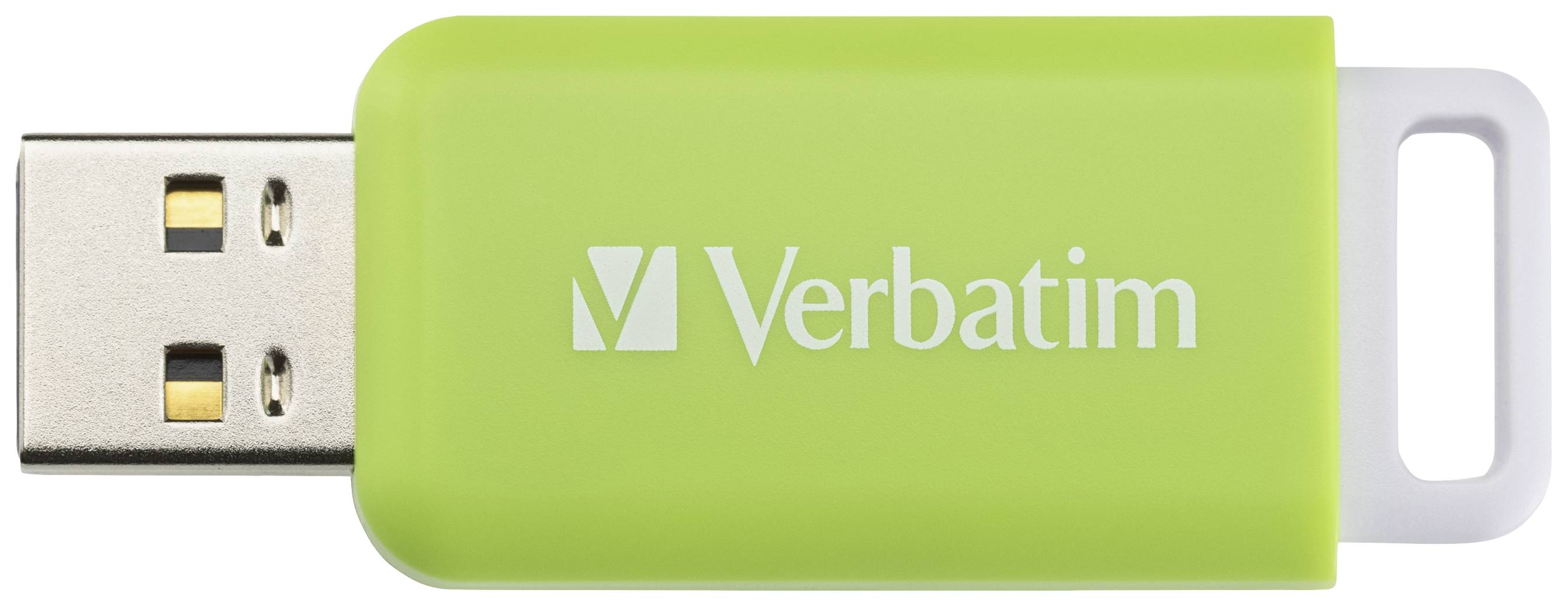 Ein grüner USB-Stick von Verbatim mit silbernem Anschluss und weißer Lasche.