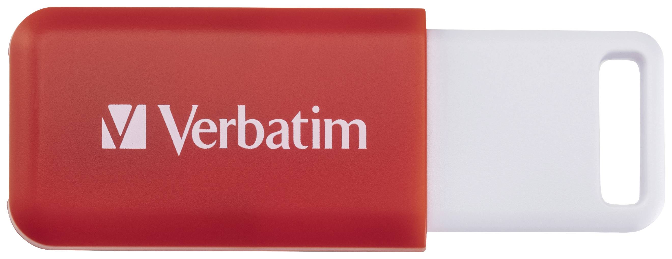 Roter USB-Stick mit weißem Schieber, darauf 'Verbatim' in Weiß.