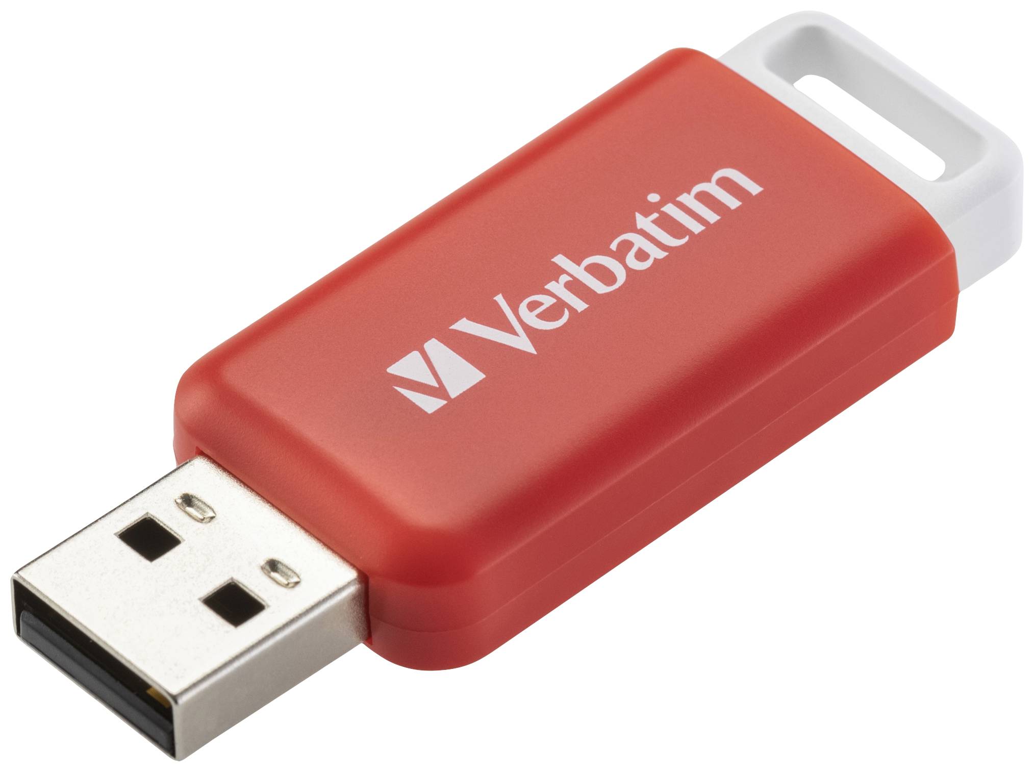 Roter USB-Stick mit der Aufschrift 'Verbatim' auf weißem Hintergrund.
