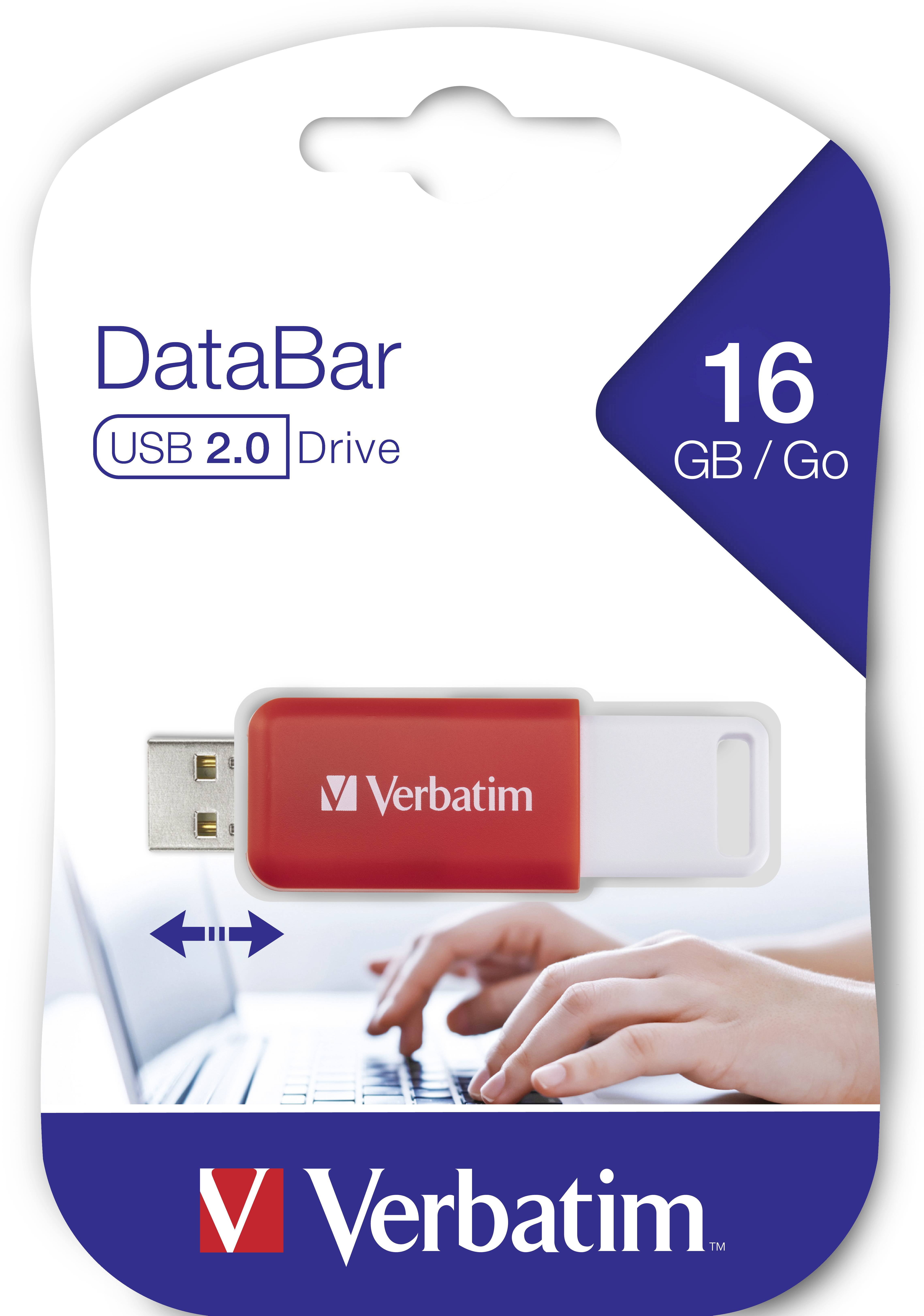 16 GB USB-Stick von Verbatim, Datenübertragungsrate USB 2.0, rotes Design. Verpackung zeigt den USB-Stick und Hände auf einer Tastatur.