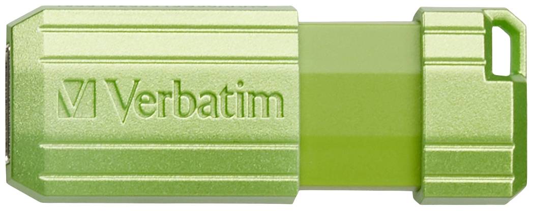 Grüner USB-Stick von Verbatim mit metallisch glänzendem Gehäuse und geschlossenem Steckmechansimus.