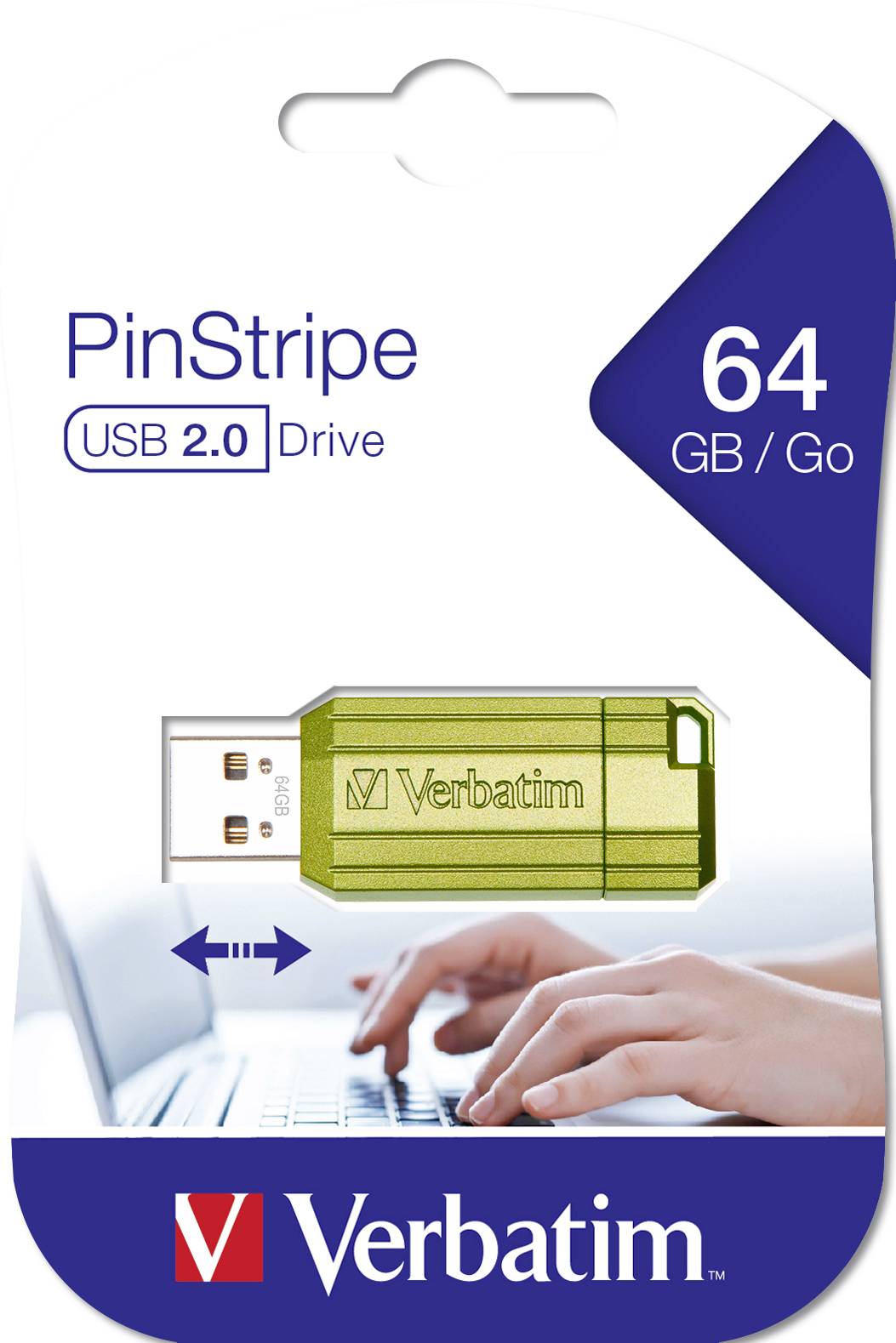USB-Stick 'Verbatim PinStripe' 64 GB, USB 2.0, abgebildet auf Verpackung neben einer Tipp-Szene auf einer Laptop-Tastatur.
