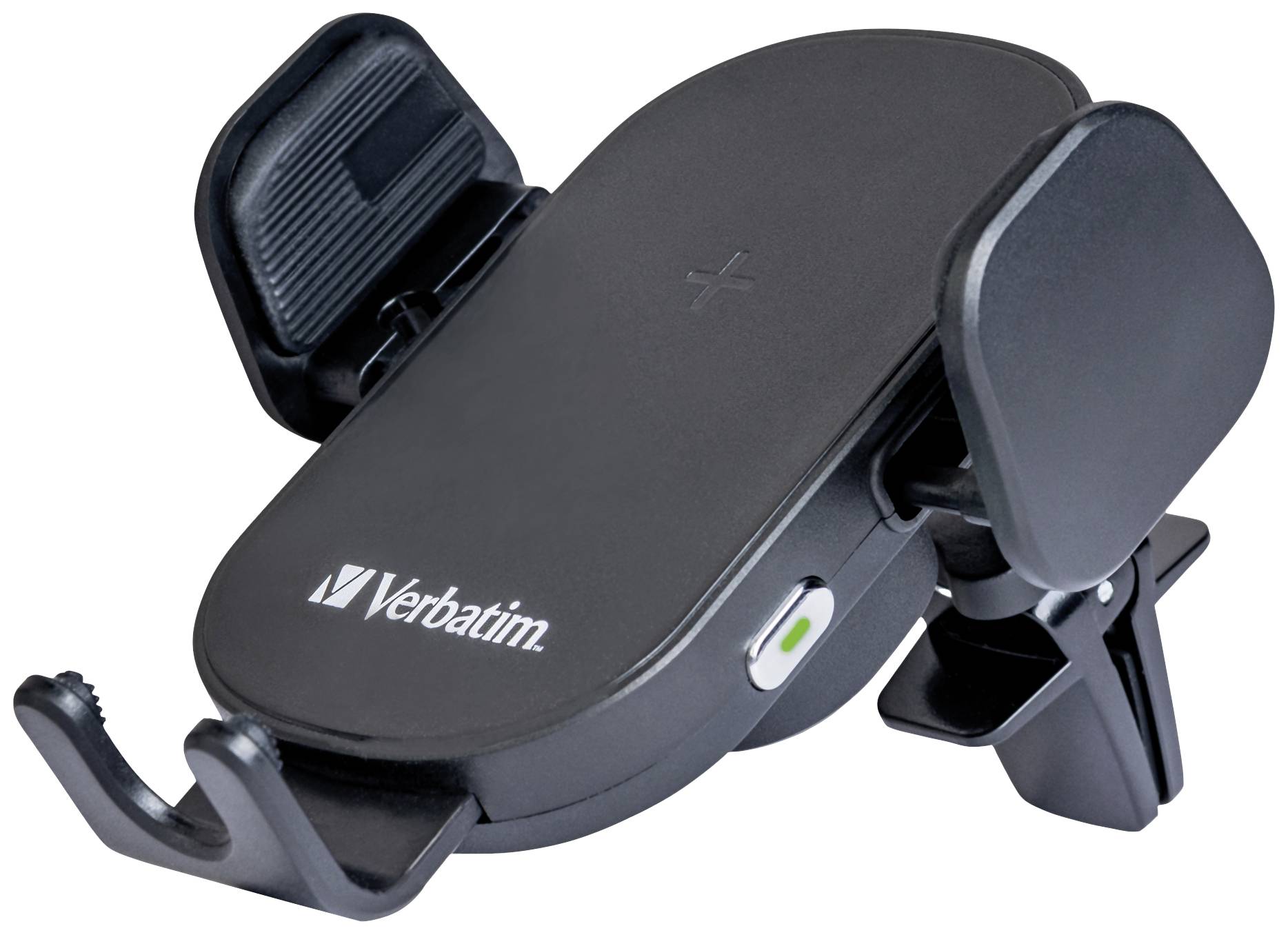 Schwarzer kabelloser Handyhalter für Autos mit Markenlogo, verstellbaren Klemmen und einrastbarem Befestigungsclip.