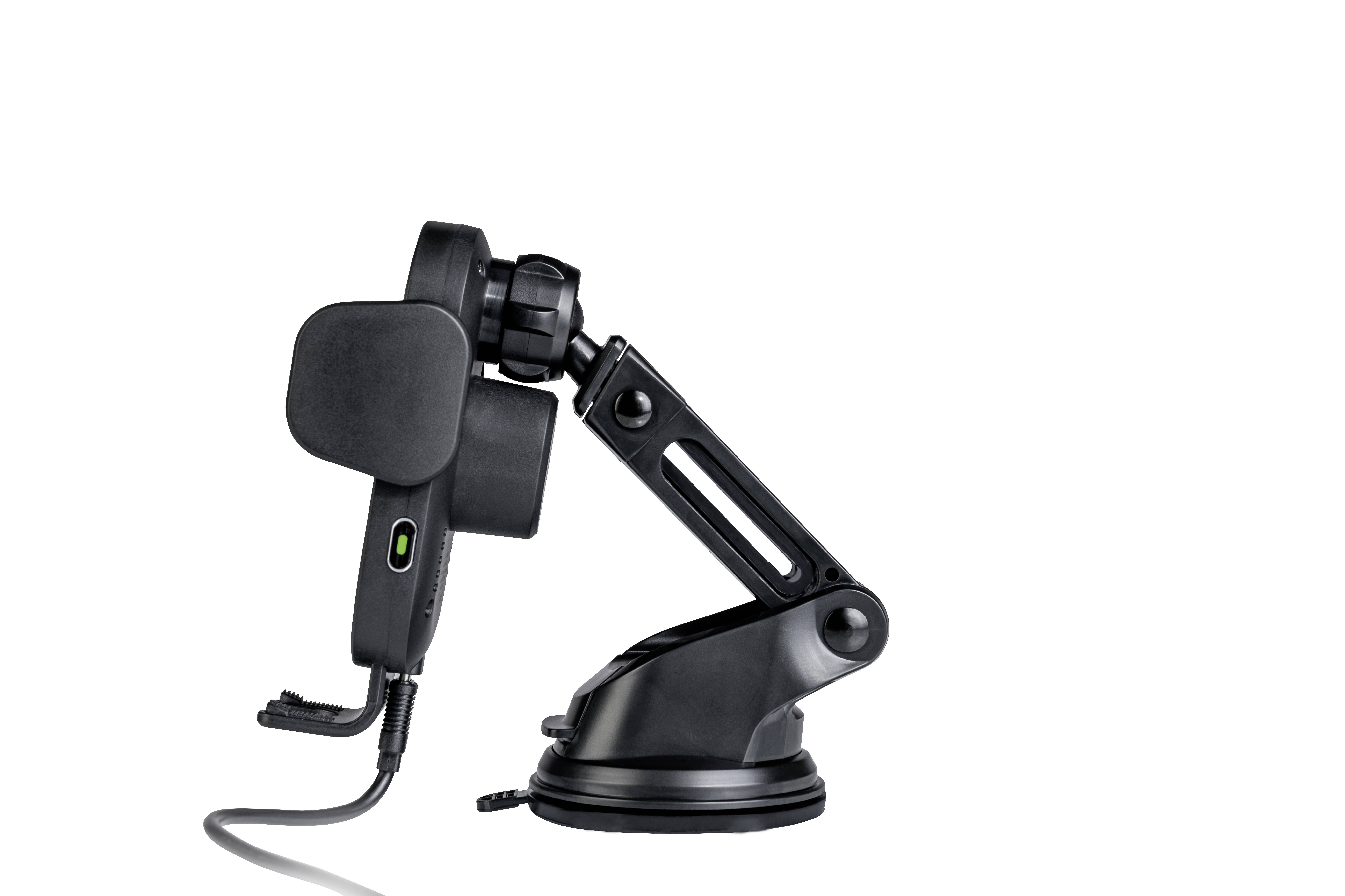 Schwarze Autohalterung mit verstellbarem Arm und Saugnapf, geeignet zum Befestigen von Smartphones an Fahrzeugoberflächen.