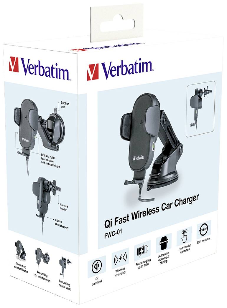 Verbatim Induktions-Ladegerät FWC-01 Qi Fast Wireless Car Charger 49552 Ausgänge Magnetanschluss Schwarz