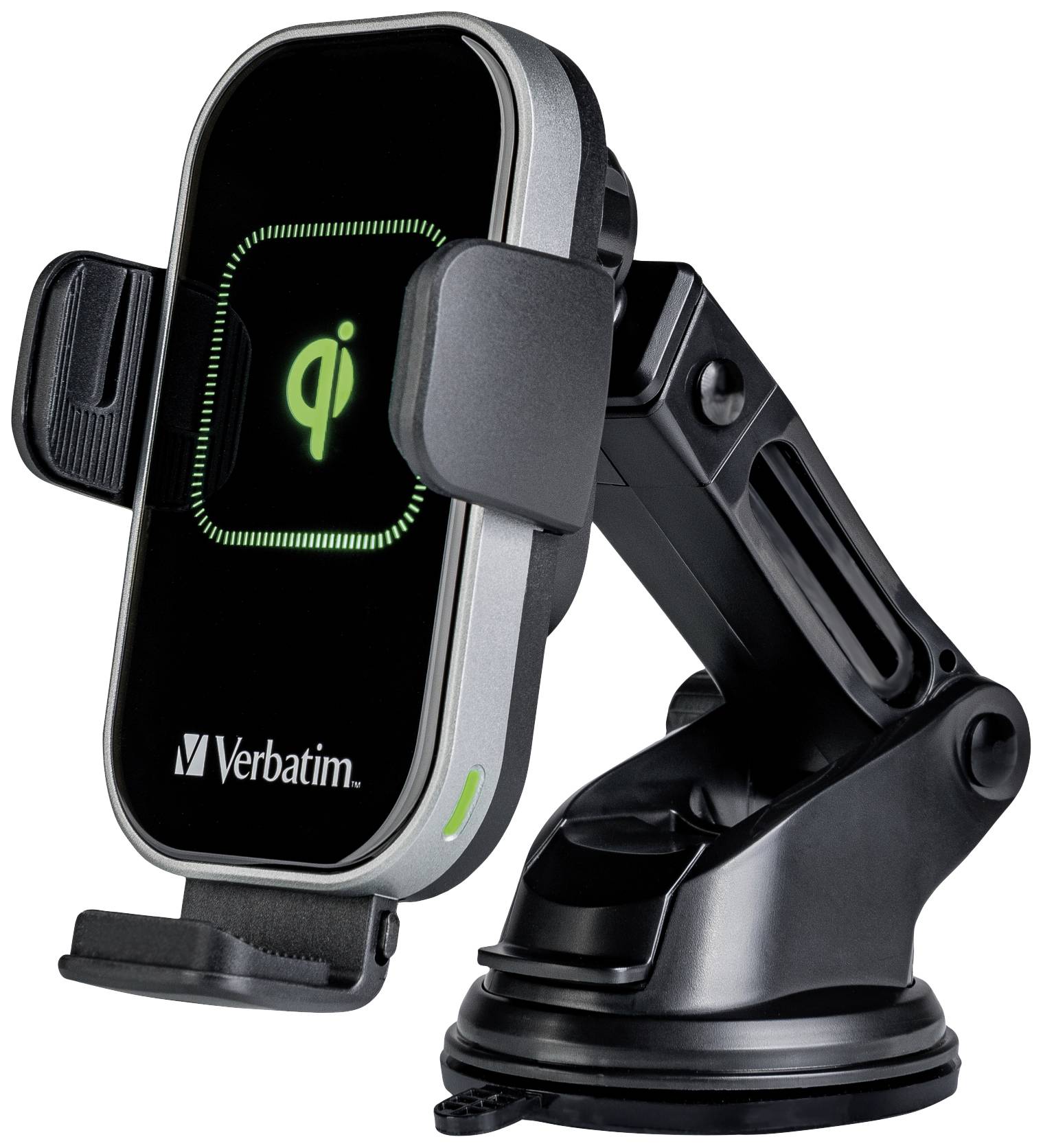 Ein schwarzes Handyhalterungsgerät mit Qi-Wireless-Ladefunktion, auf einem verstellbaren Arm montiert, mit Markenlogo 'Verbatim'.