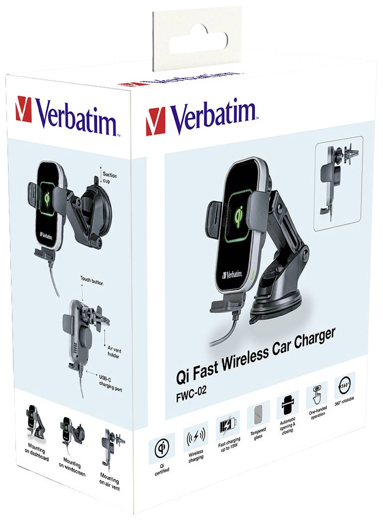 Verbatim Induktions-Ladegerät FWC-02 Qi Fast Wireless Car Charger 49553 Ausgänge Magnetanschluss Schwarz