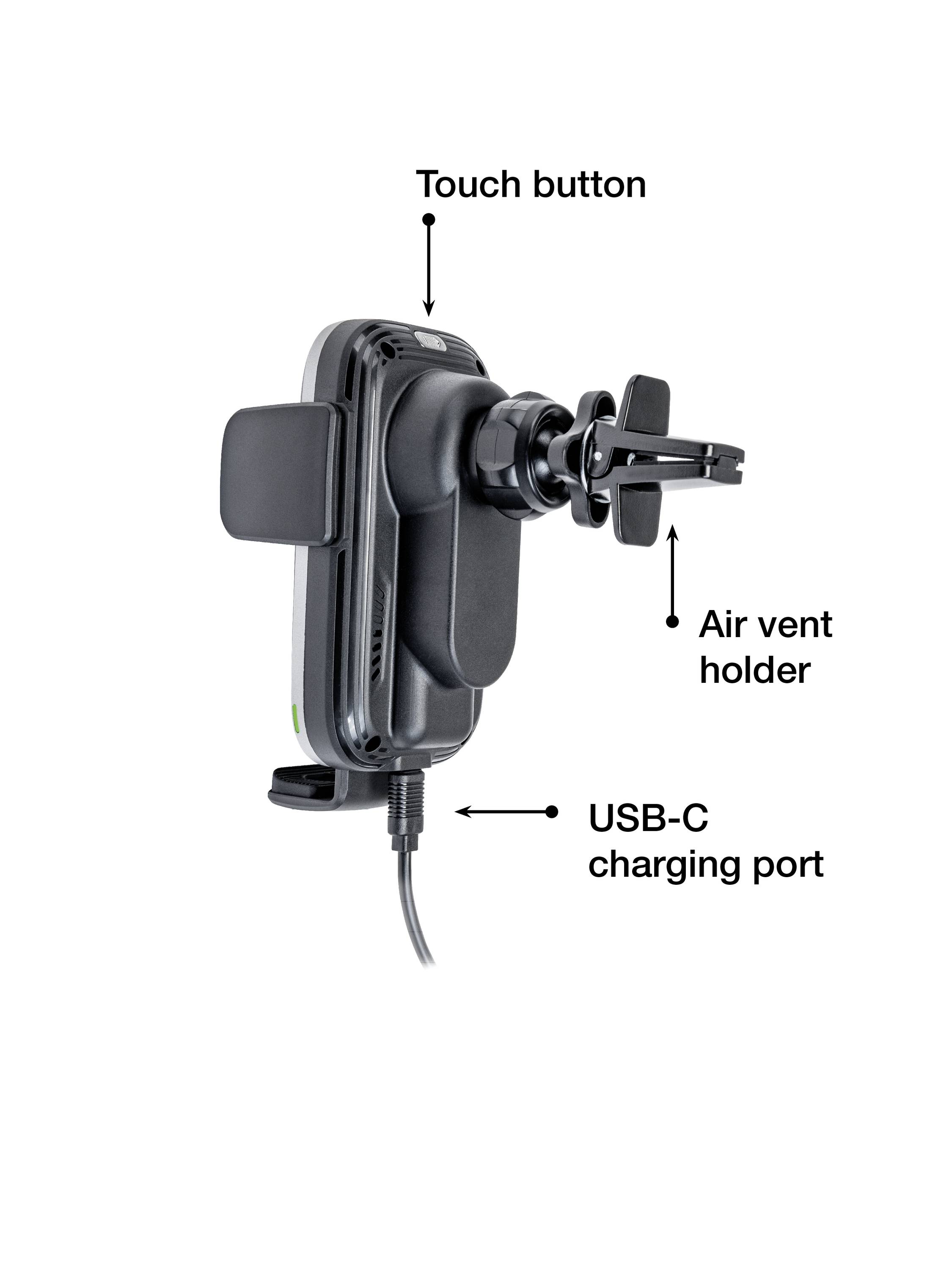 Seitliche Ansicht einer kabellosen Handyhalterung mit Beschriftungen: 'Touch Button', 'Air Vent Holder' und 'USB-C Charging Port'.