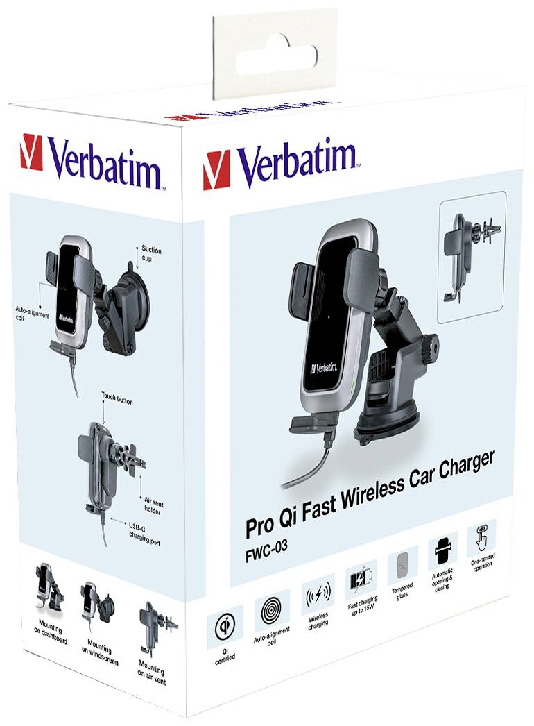 Verbatim Induktions-Ladegerät FWC-03 Pro Qi Fast Wireless Car Charger 49554 Ausgänge Magnetanschlus