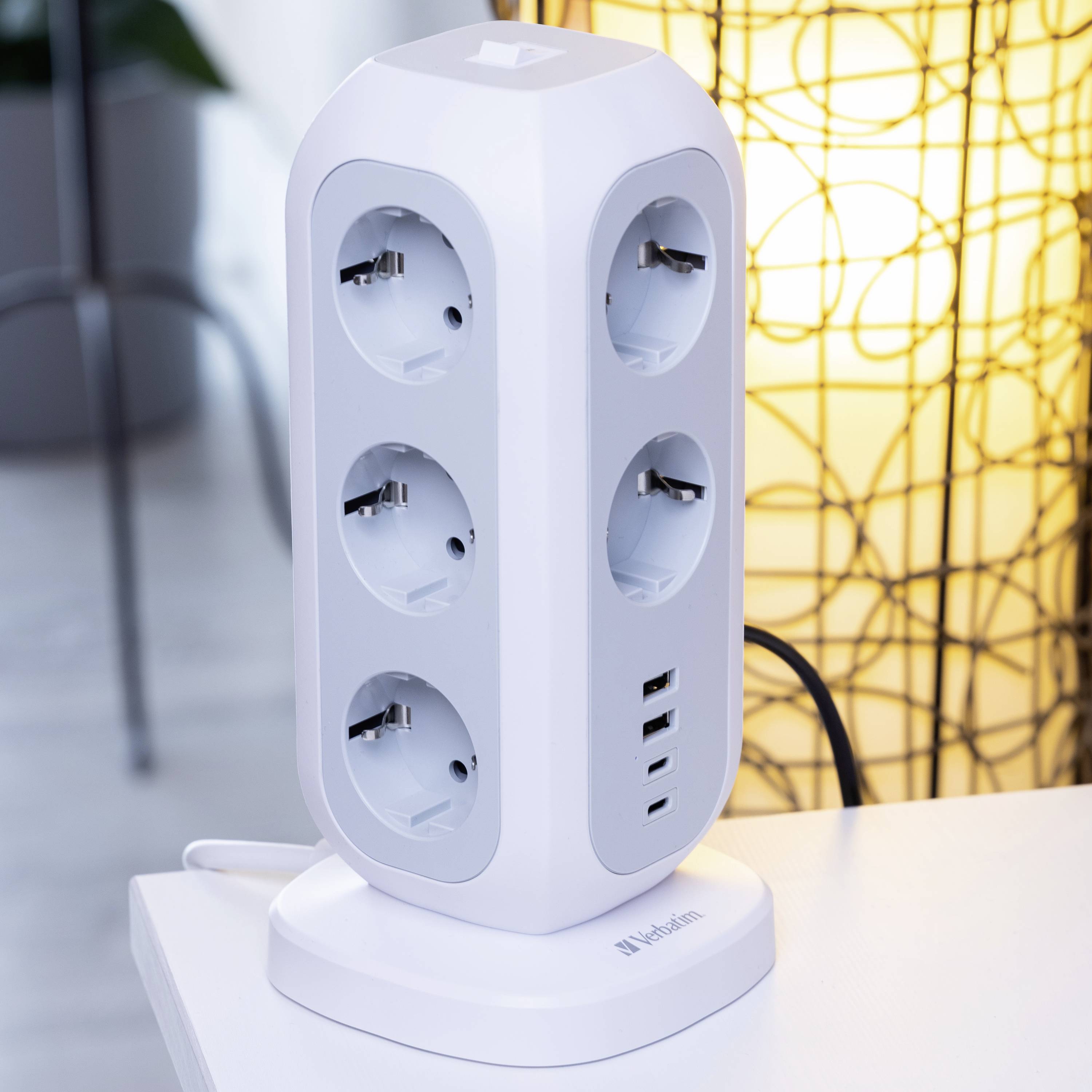 Multifunktionaler Euro-Steckdosenturm  11-fach Steckdose mit USB-Anschlüssen und Überspannungsschutz