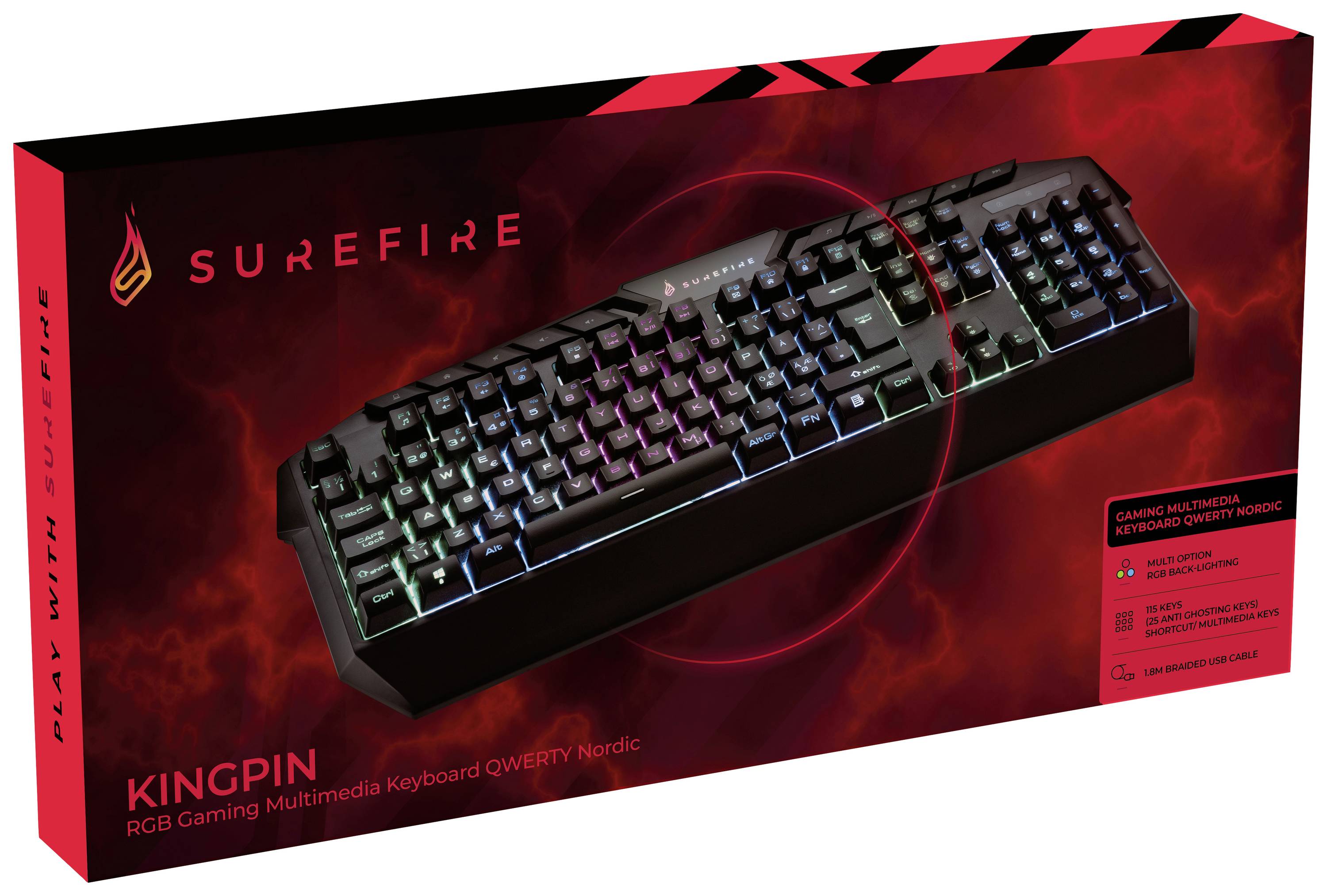 Verbatim SureFire KingPin RGB Gaming Multimedia Keyboard Kabelgebunden Gaming-Tastatur Nordisch, QWERTY Schwarz Beleuchtet