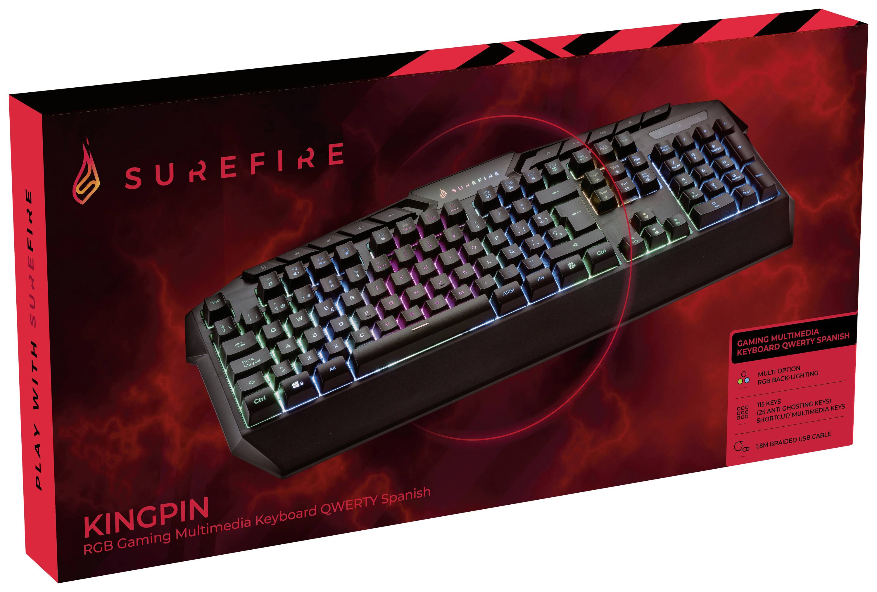 Verbatim SureFire KingPin RGB Gaming Multimedia Keyboard QWERTY Spanish Kabelgebunden Gaming-Tastatur Spanisch, QWERTY Schwarz